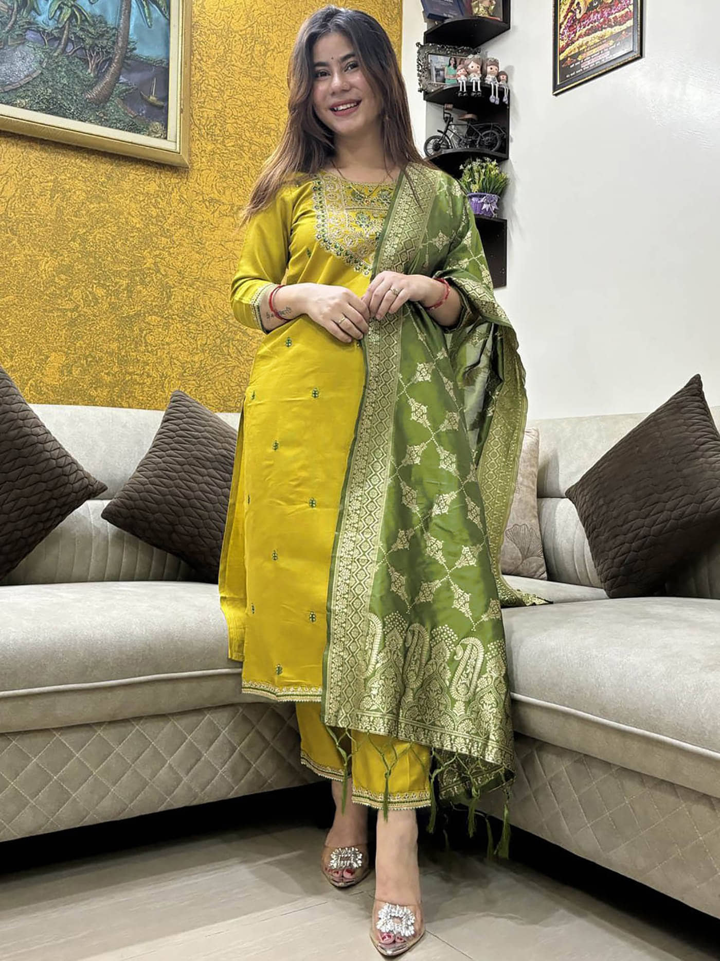 kedar fab Women Cotton Blend Embellished Straight Kurti With Pants ( Mustard )