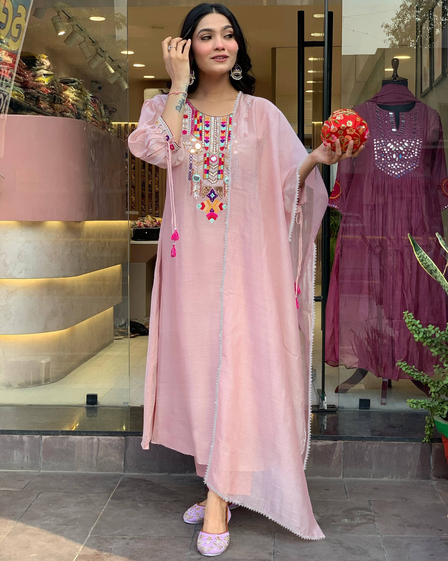 kedar fab Women Cotton Blend Embroidered Flared Kurti With Pants ( Pink )