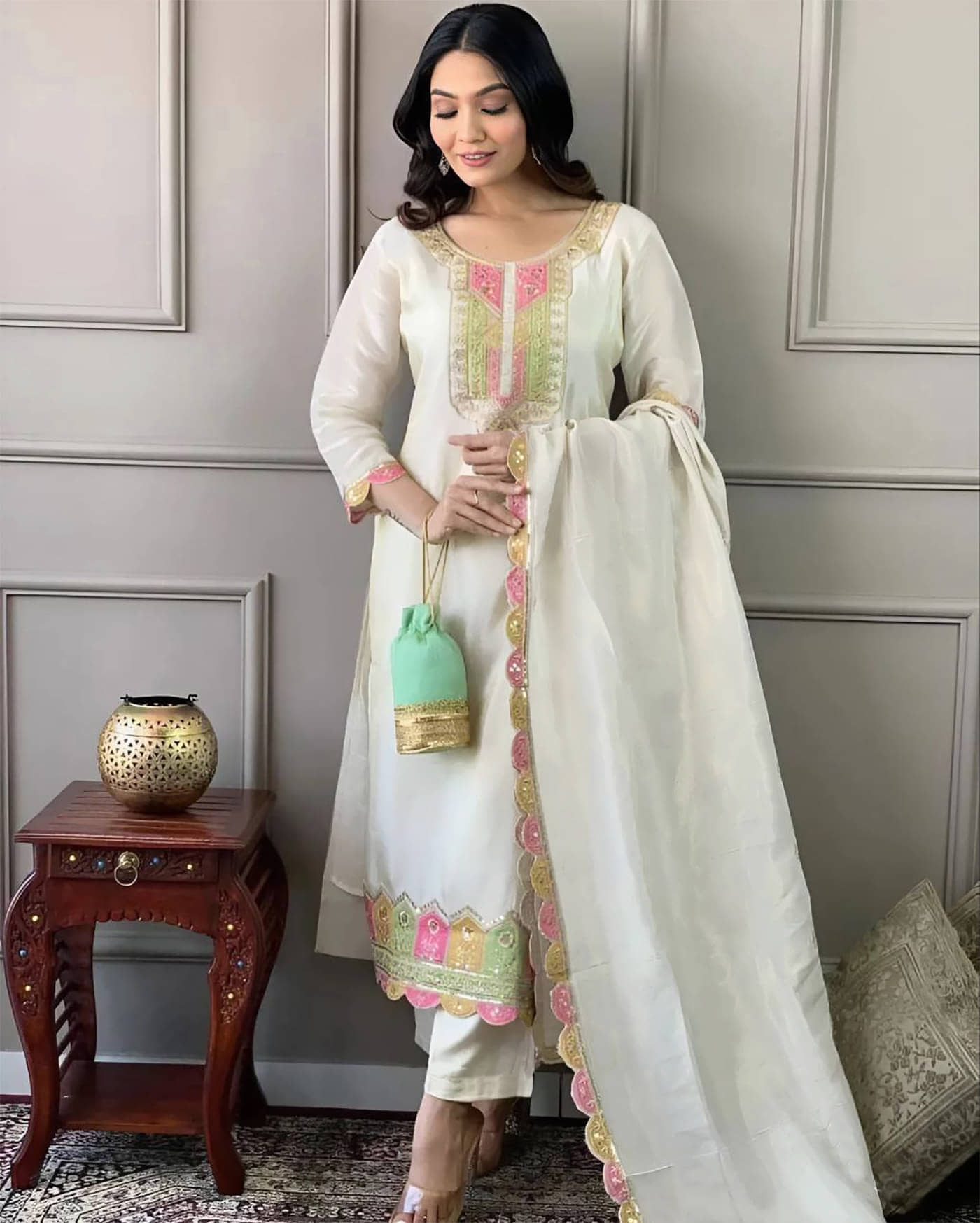 kedar fab Women Cotton Blend Embroidered Straight Kurti With Pants ( White )