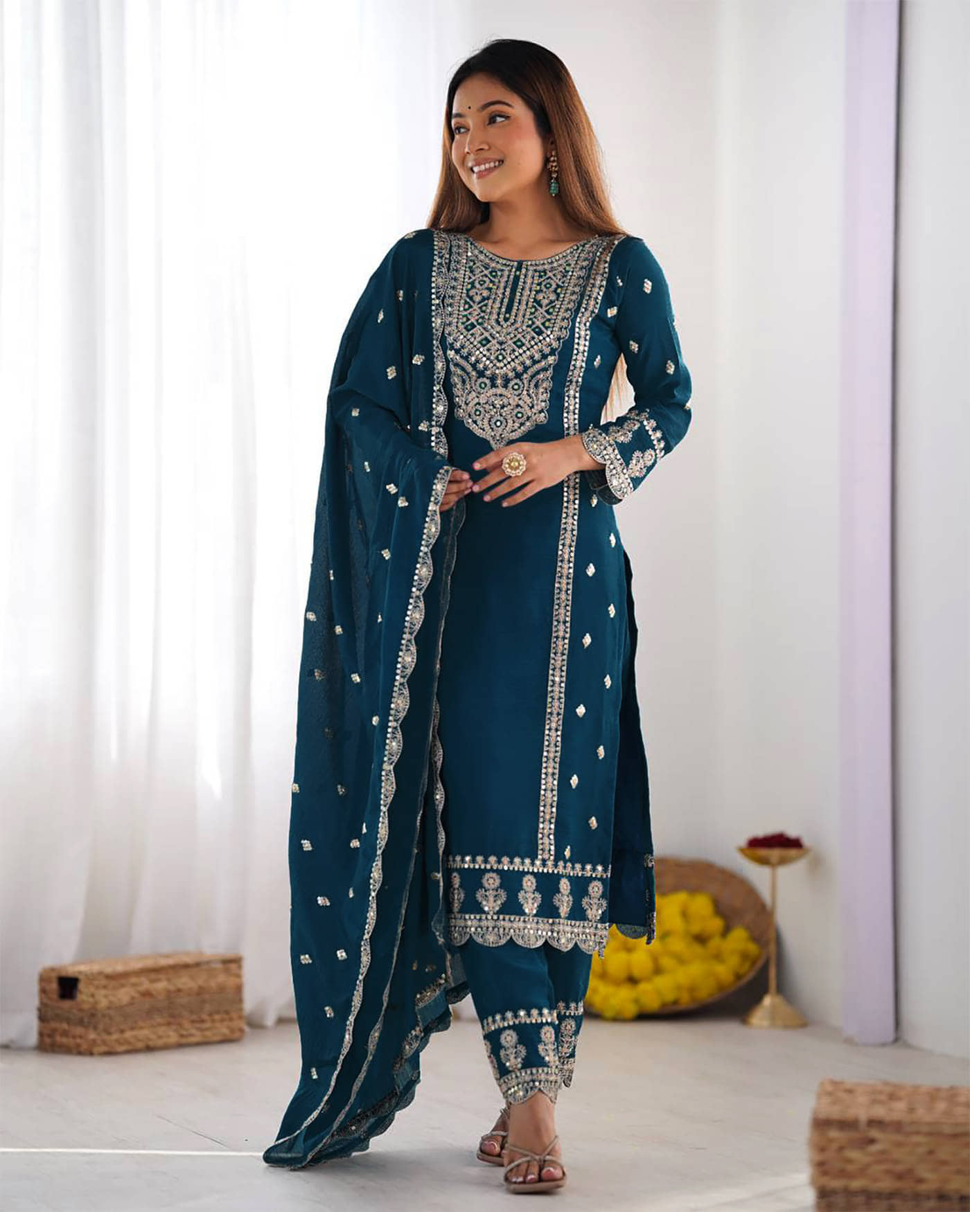 kedar fab Women Cotton Blend Embellished Straight Kurti With Pants ( Navy )