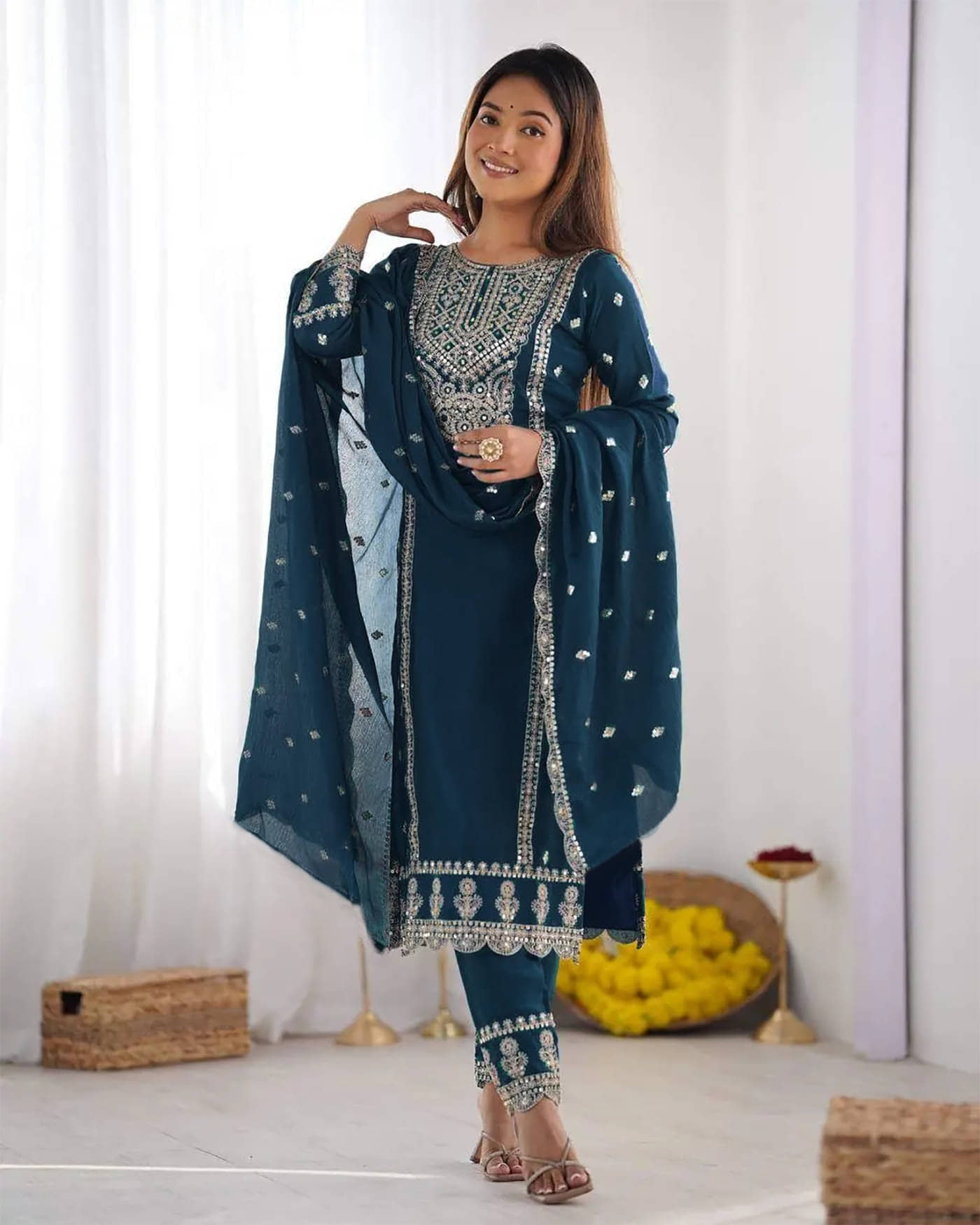 kedar fab Women Cotton Blend Embellished Straight Kurti With Pants ( Navy Blue )