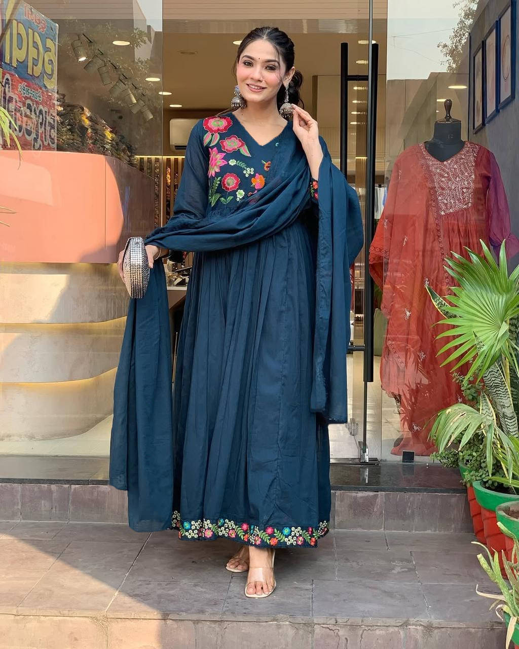     			kedar fab Women Silk Blend Anarkali Stitched Ethnic Gown ( Navy Blue )