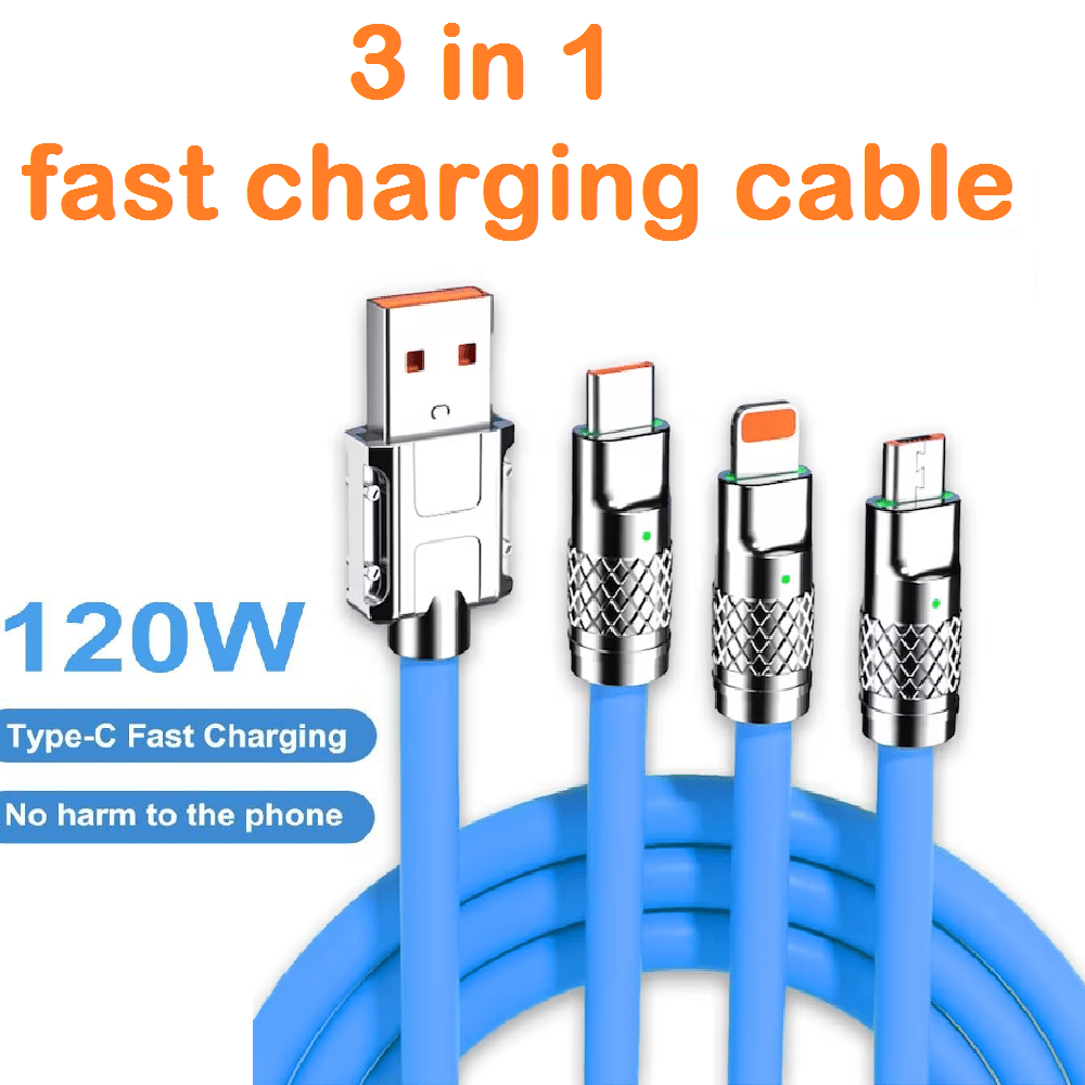     			120W Super Fast 3-in-1 Cable | Type-C + Micro USB | Portable Charger Cord (Blue)