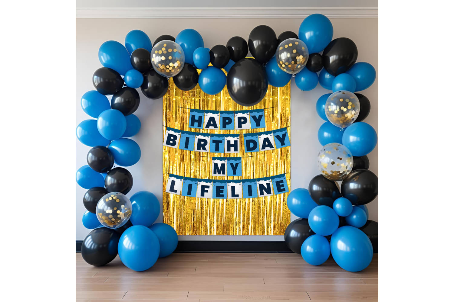     			1iAM Happy Birthday Decoration Items For Husband - Pack of 48 | 1pc Blue & White "HAPPY BIRTHDAY LIFELINE" Paper Banner, Golden Foil Curtain & Arch, 45pcs Balloons | Special Love Birthday Party Item