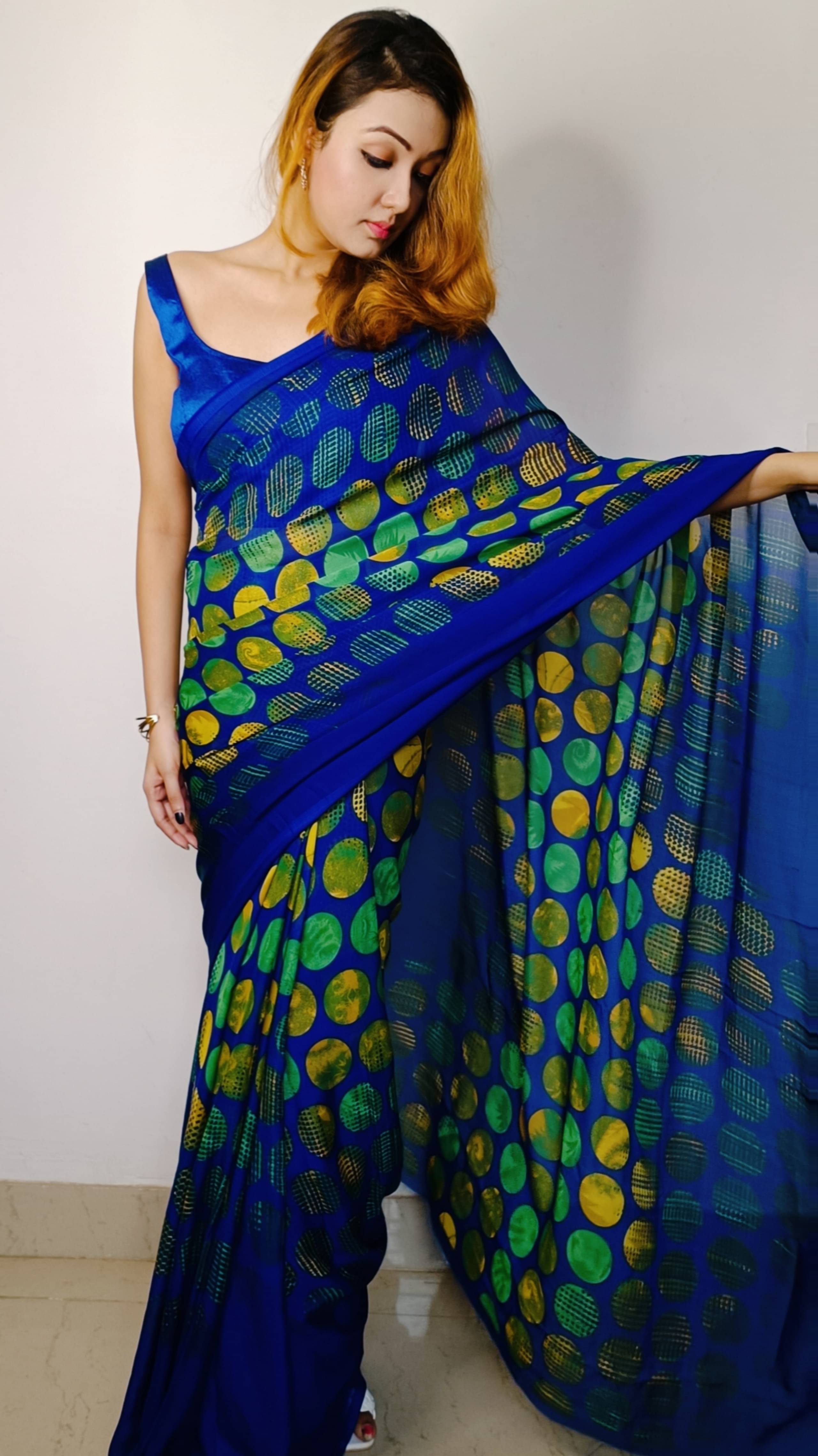 ANAND SAREES Georgette Printed Kasavu Saree With Unstitched Blouse Piece ( Blue ) ANAND SAREES Georgette Printed Kasavu Saree With Unstitched Blouse Piece ( Blue )