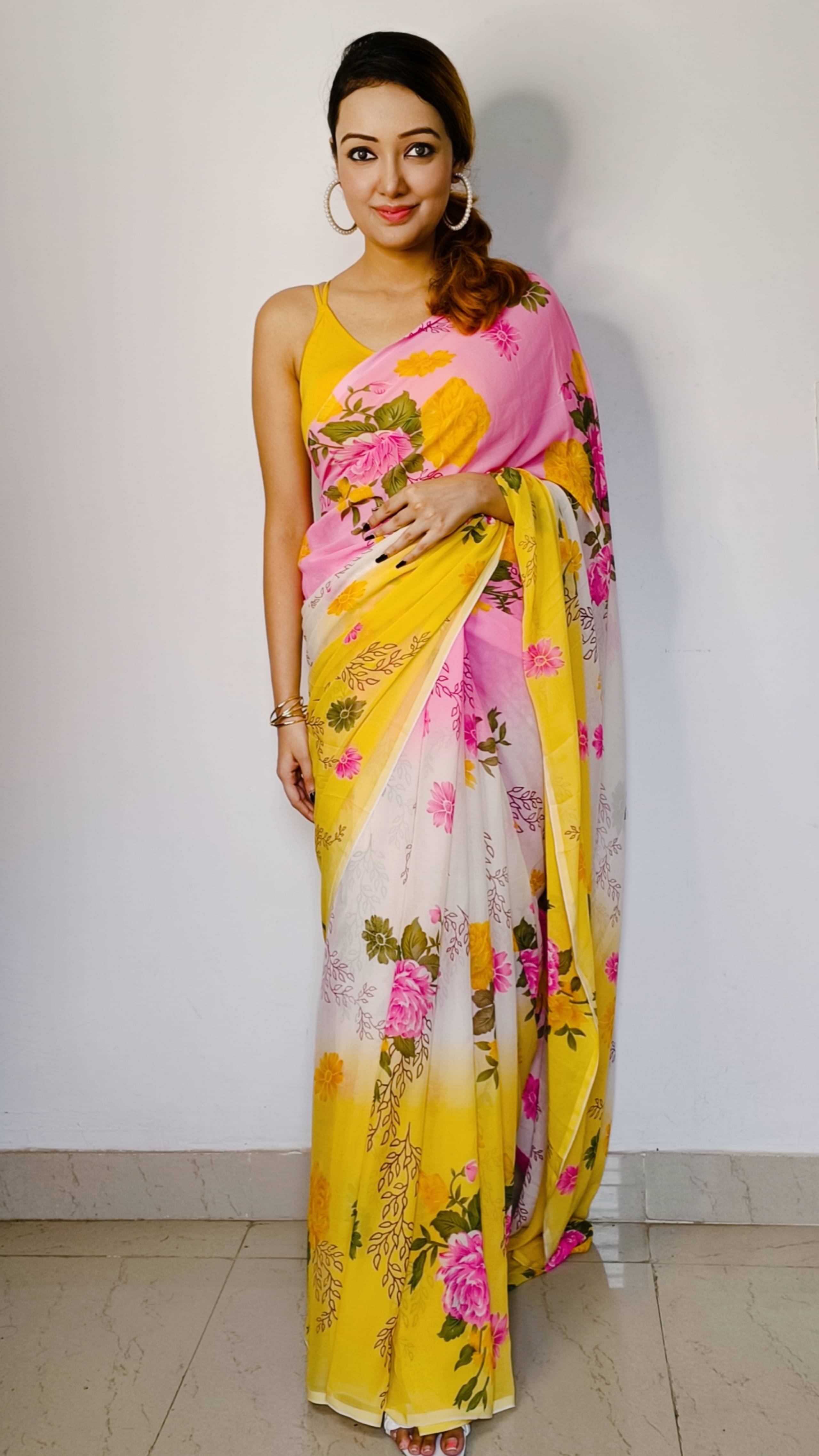 ANAND SAREES Georgette Printed Kasavu Saree With Unstitched Blouse Piece ( Pink ) ANAND SAREES Georgette Printed Kasavu Saree With Unstitched Blouse Piece ( Pink )