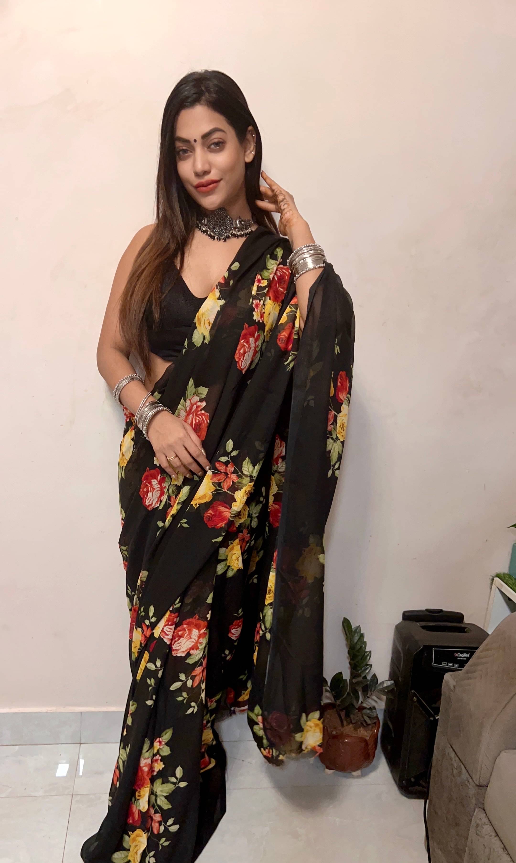     			ANAND SAREES Georgette Printed Kasavu Saree With Unstitched Blouse Piece ( Black )