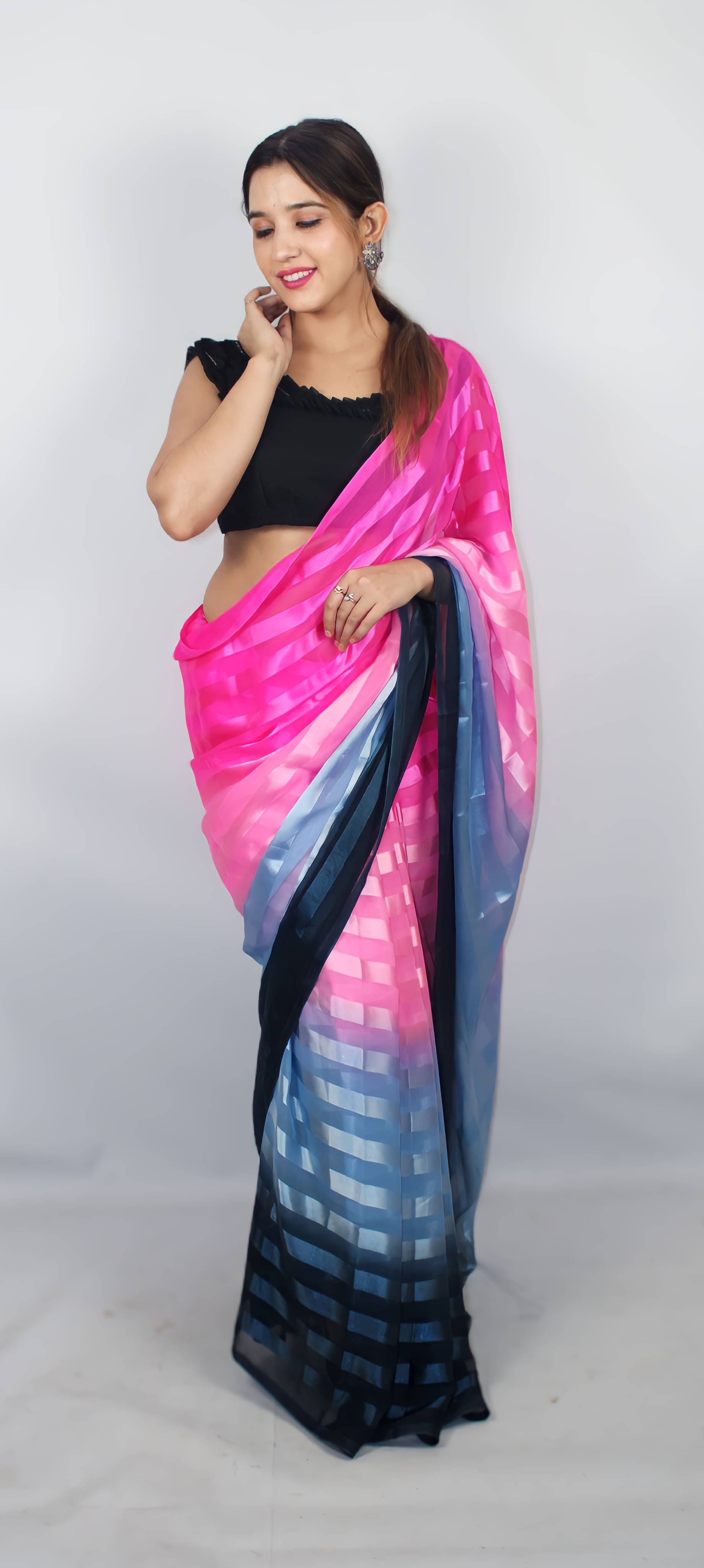 ANAND SAREES Satin Striped Kasavu Saree With Unstitched Blouse Piece ( Pink ) ANAND SAREES Satin Striped Kasavu Saree With Unstitched Blouse Piece ( Pink )