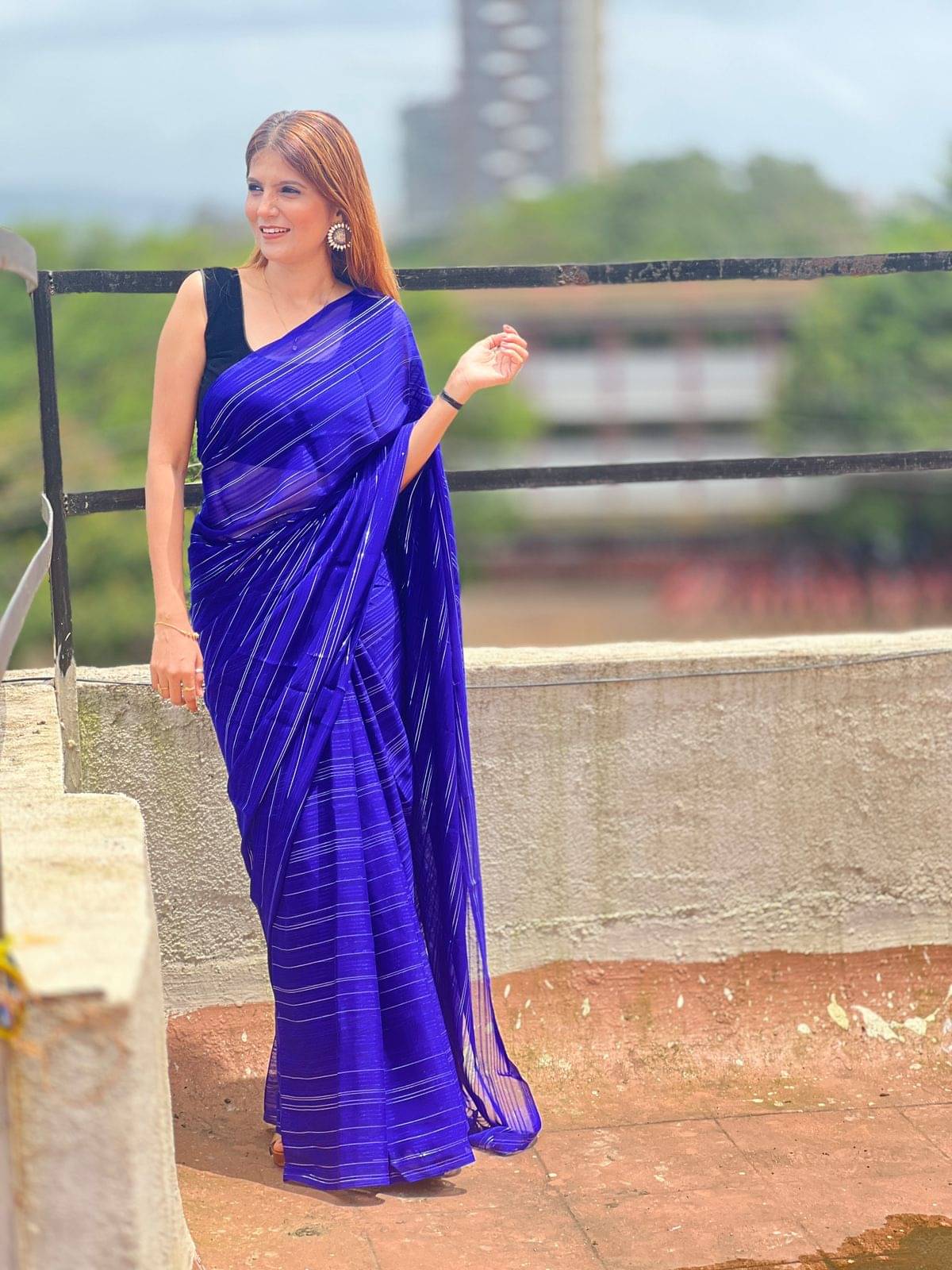ANAND SAREES Satin Striped Kasavu Saree With Unstitched Blouse Piece ( Blue ) ANAND SAREES Satin Striped Kasavu Saree With Unstitched Blouse Piece ( Blue )