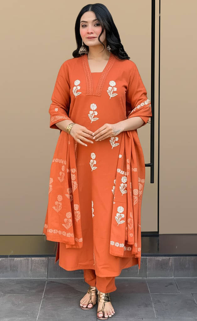 ARISEN Store Women Cotton Embroidered Straight Kurti With Pants ( Orange ) ARISEN Store Women Cotton Embroidered Straight Kurti With Pants ( Orange )