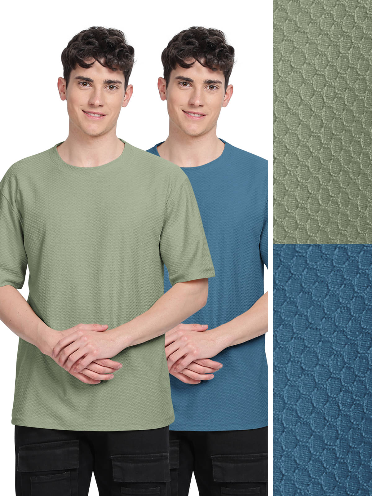 BULLMER Men Cotton Blend Oversized Fit Self Design T-Shirt ( Blue )     			BULLMER Men Cotton Blend Oversized Fit Self Design T-Shirt ( Blue )