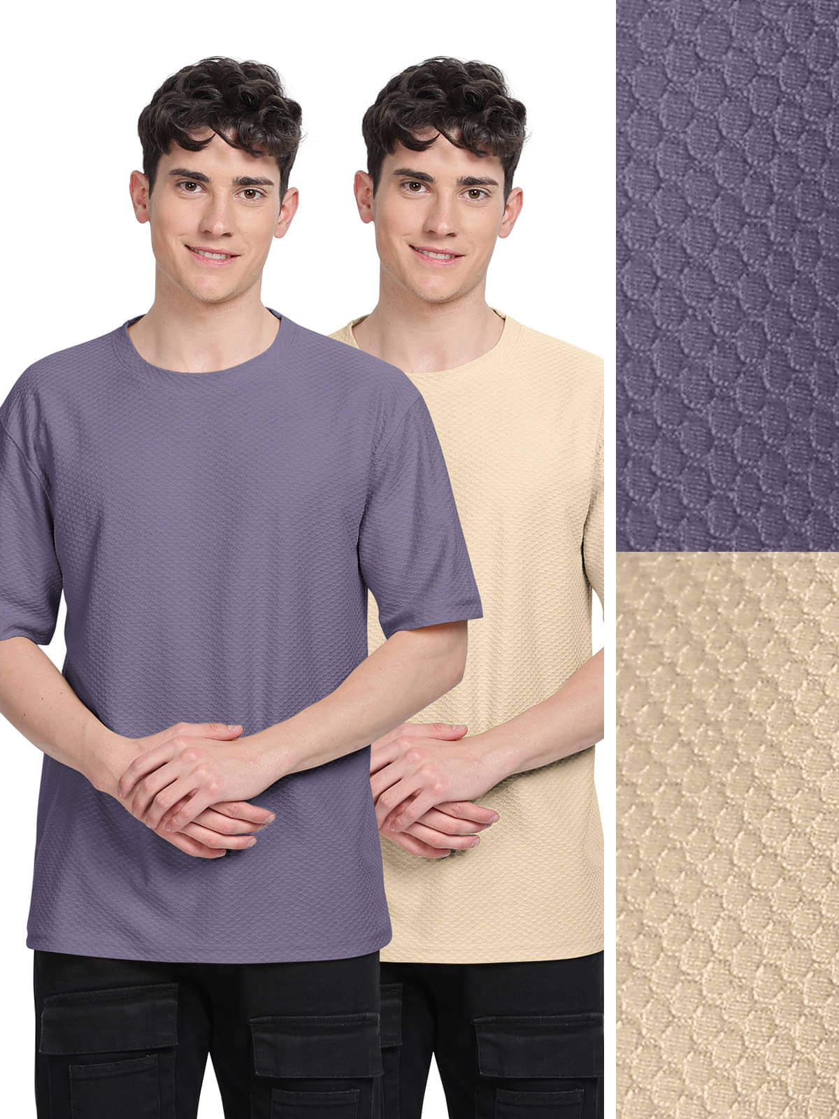    			BULLMER Men Cotton Blend Oversized Fit Self Design T-Shirt ( Beige )