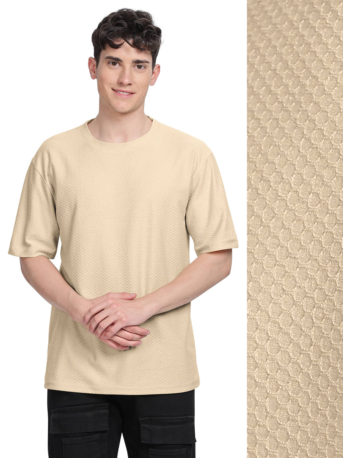 BULLMER Men Cotton Blend Oversized Fit Solid T-Shirt ( Beige ) BULLMER Men Cotton Blend Oversized Fit Solid T-Shirt ( Beige )
