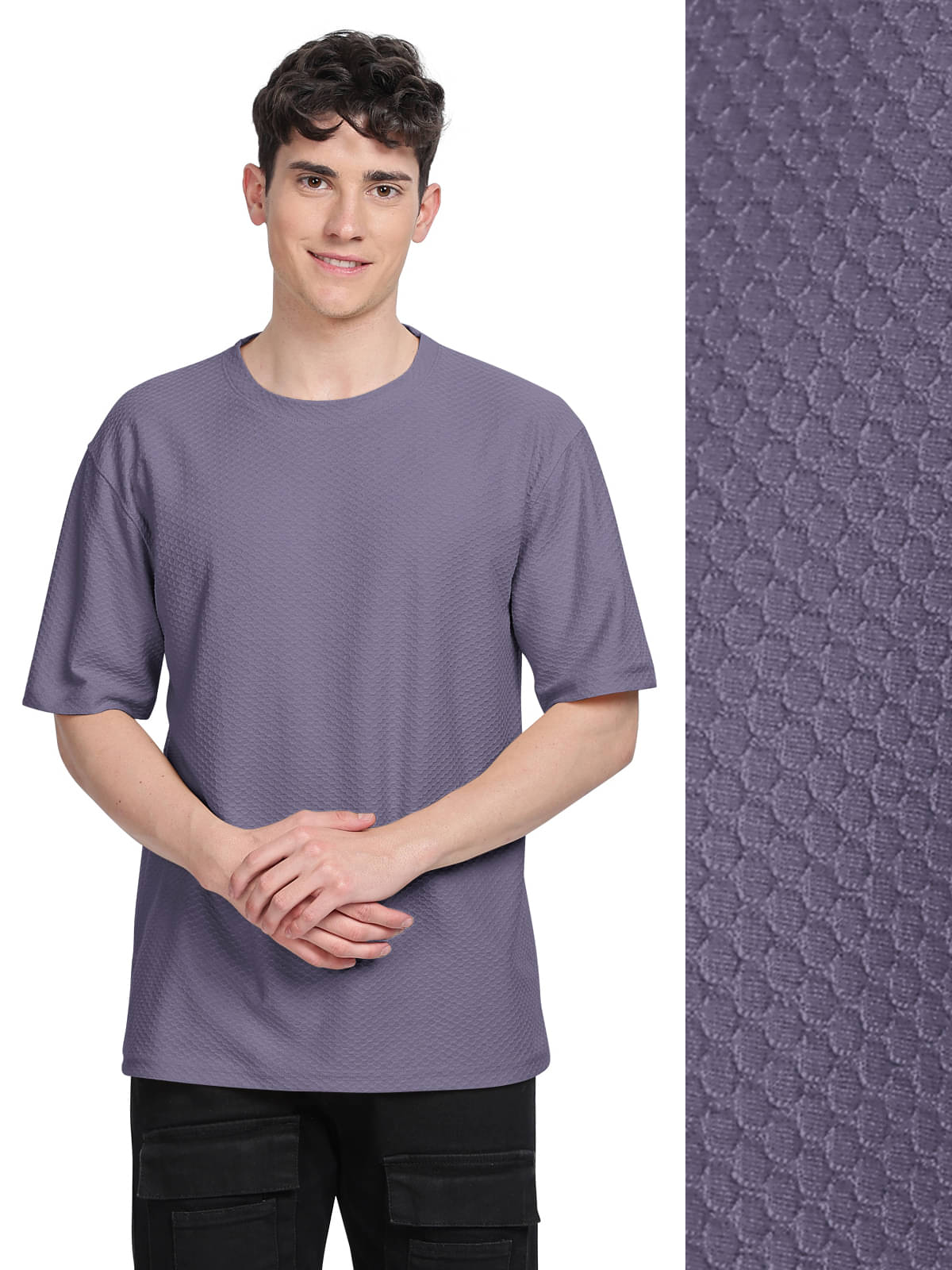 BULLMER Men Cotton Blend Oversized Fit Self Design T-Shirt ( Purple )     			BULLMER Men Cotton Blend Oversized Fit Self Design T-Shirt ( Purple )
