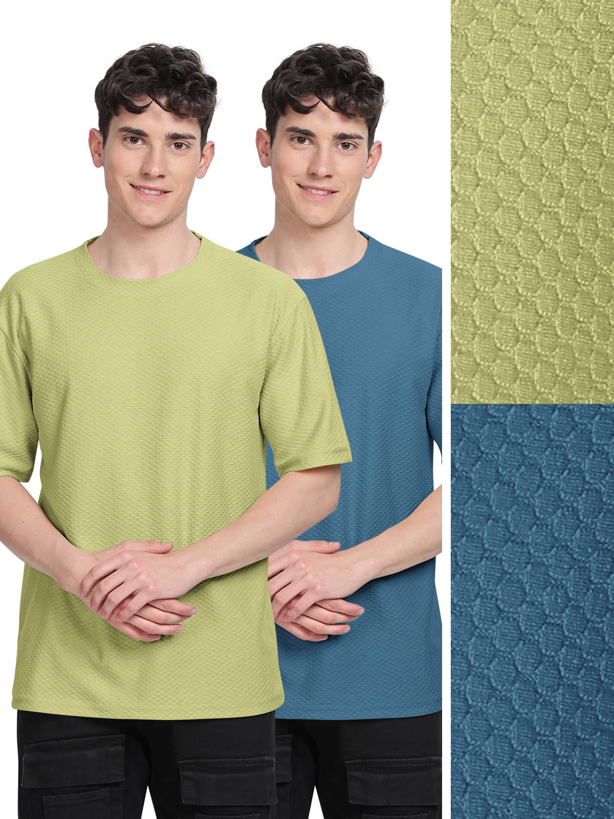 BULLMER Men Cotton Blend Oversized Fit Self Design T-Shirt ( Blue )     			BULLMER Men Cotton Blend Oversized Fit Self Design T-Shirt ( Blue )