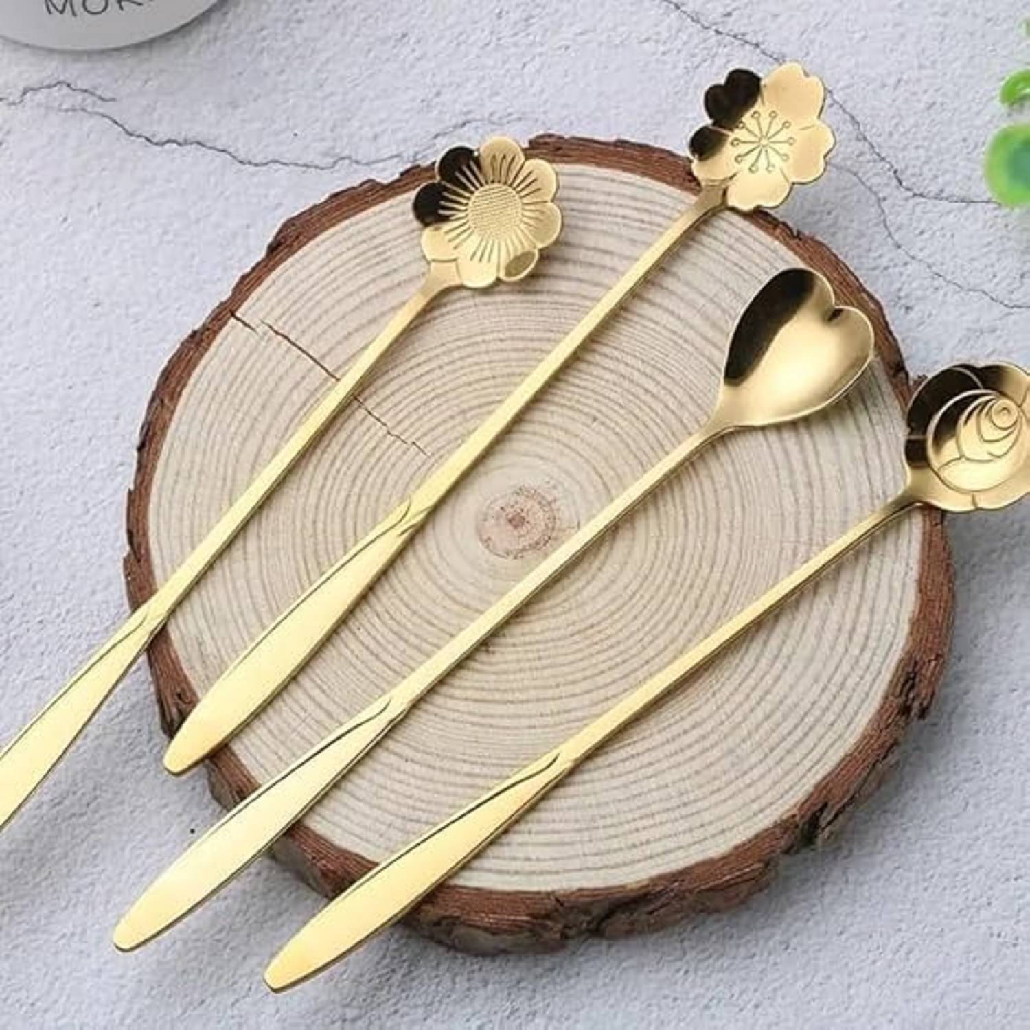     			Desert Spoon 4pcs Set Long Handle Flowers Shaped Stirring Golden Spoons, Stainless Steel Reusable Flower Teaspoons, Coffee Spoon, Spoon Set for Kitchen, Ice Cream, Dessert House, Cafe Or Bar