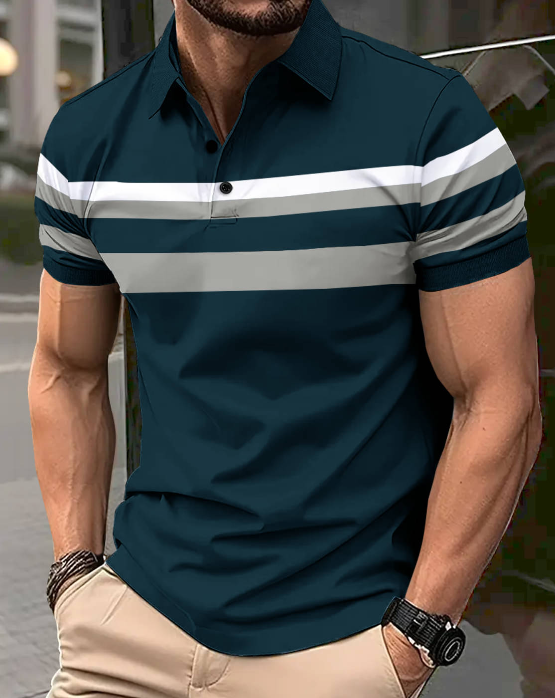 Eyebogler Men Cotton Blend Regular Fit Striped Polo T Shirt ( Teal Blue )     			Eyebogler Men Cotton Blend Regular Fit Striped Polo T Shirt ( Teal Blue )