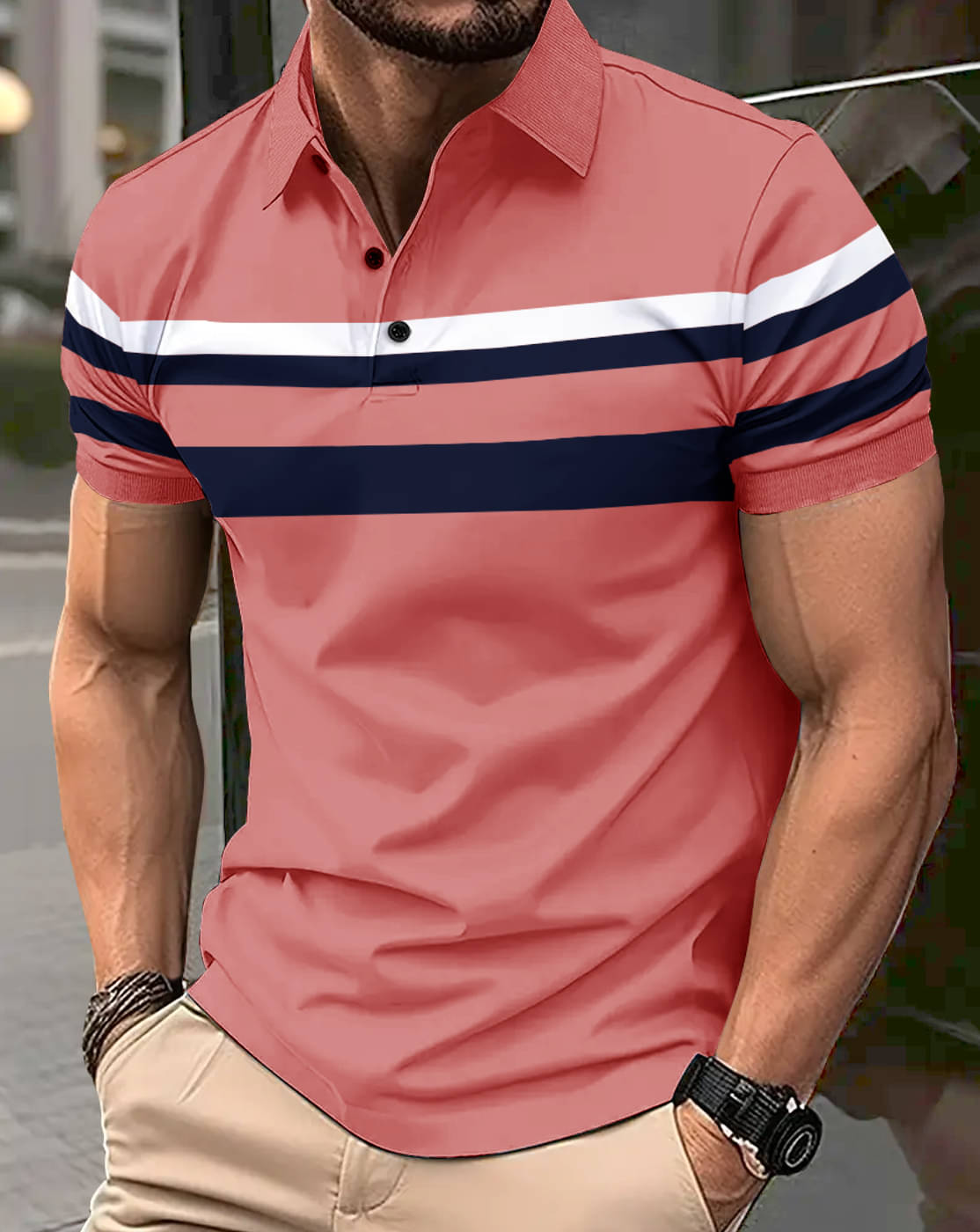     			Eyebogler Men Cotton Blend Regular Fit Striped Polo T Shirt ( Pink )