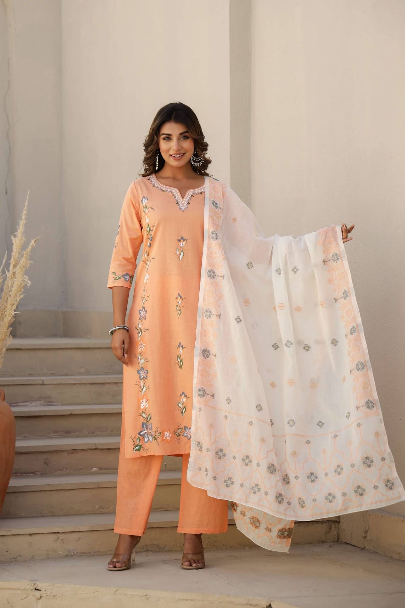     			Flavia Creation Women Cotton Printed A-line Kurti With Pants ( Peach )