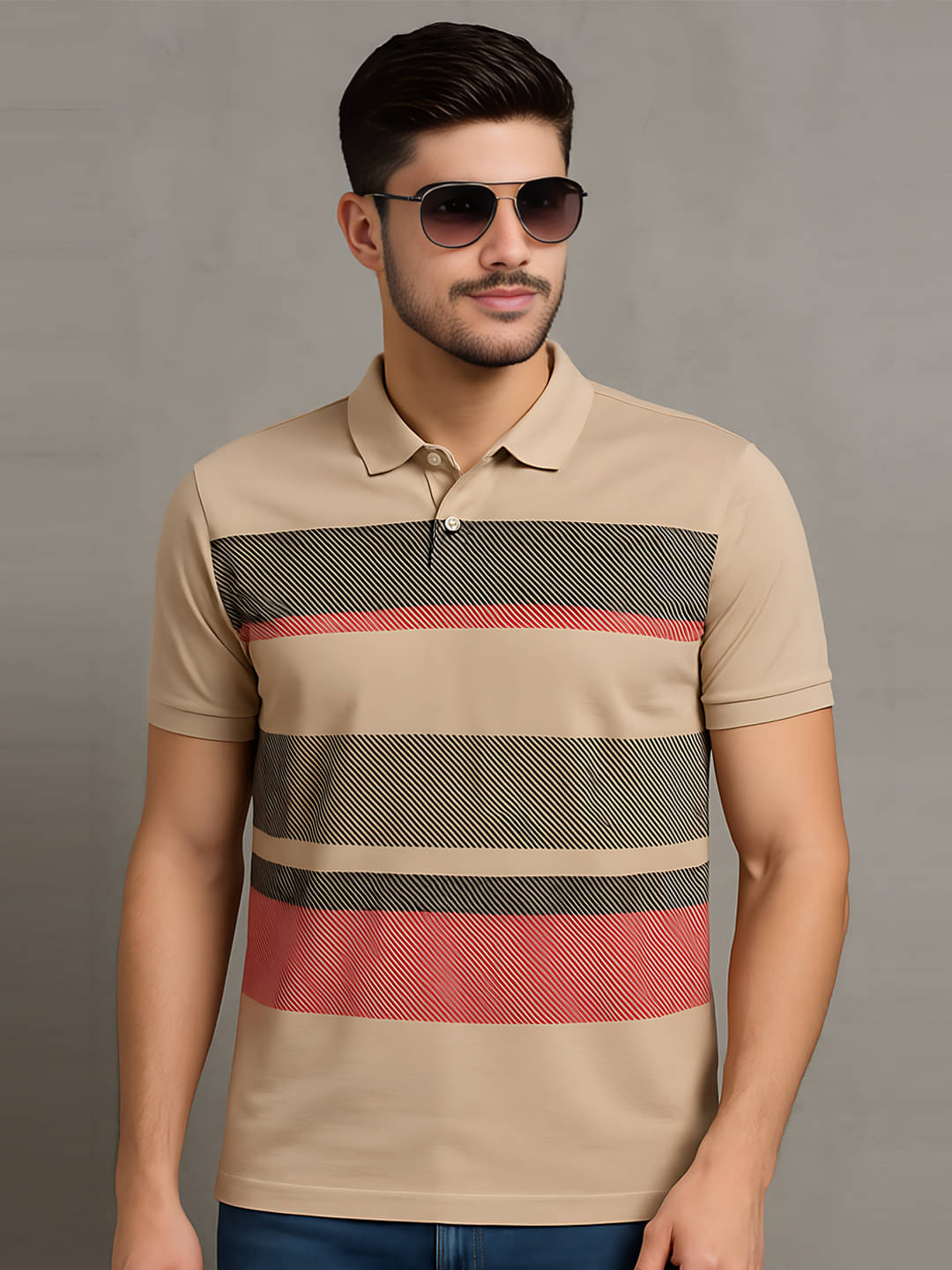 Hushbucks Men Polyester Regular Fit Printed Polo T Shirt ( Beige ) Hushbucks Men Polyester Regular Fit Printed Polo T Shirt ( Beige )