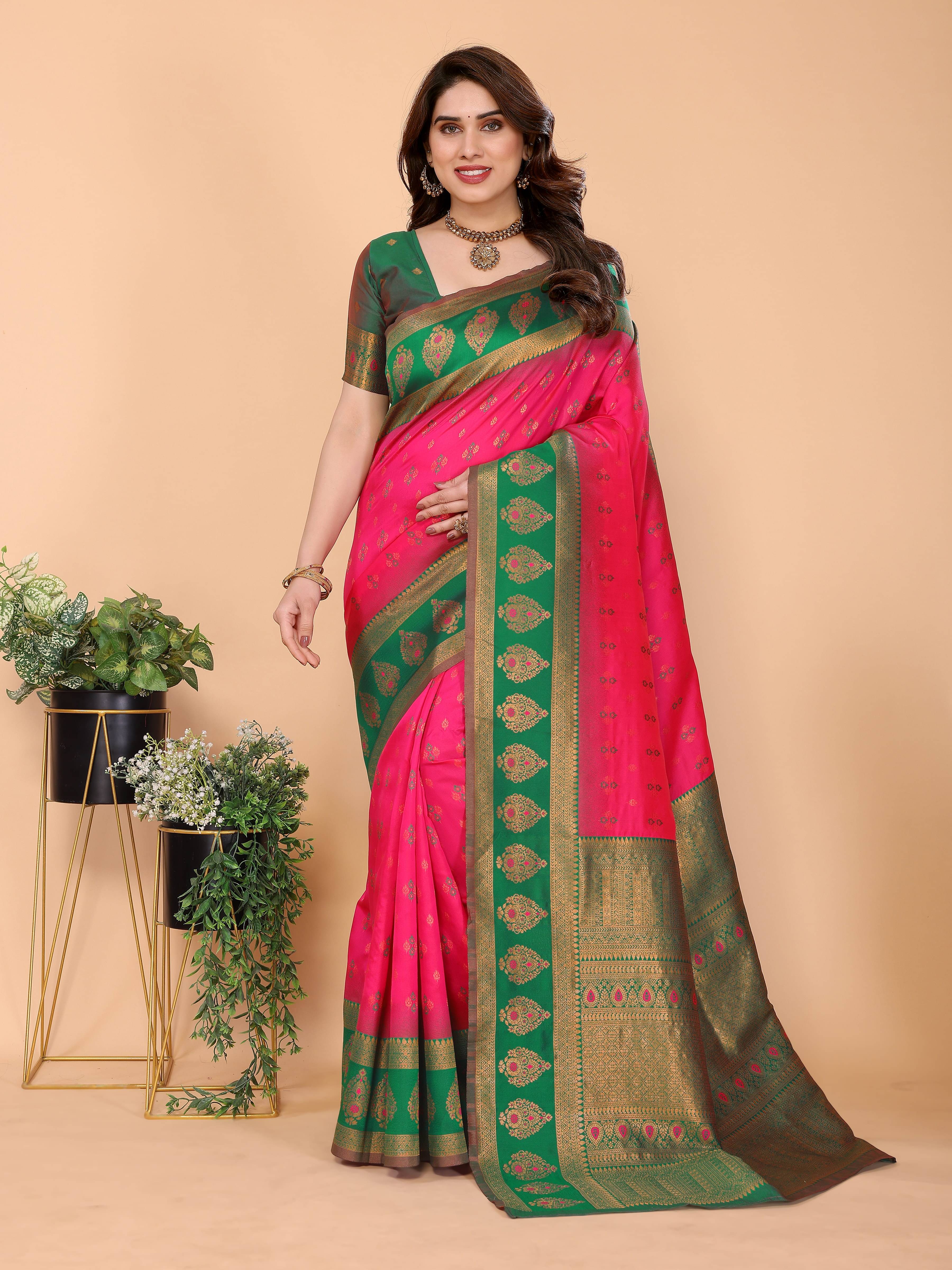    			INDIAN SILKS Cotton Embroidered Banarasi saree With Unstitched Blouse Piece ( Rani )