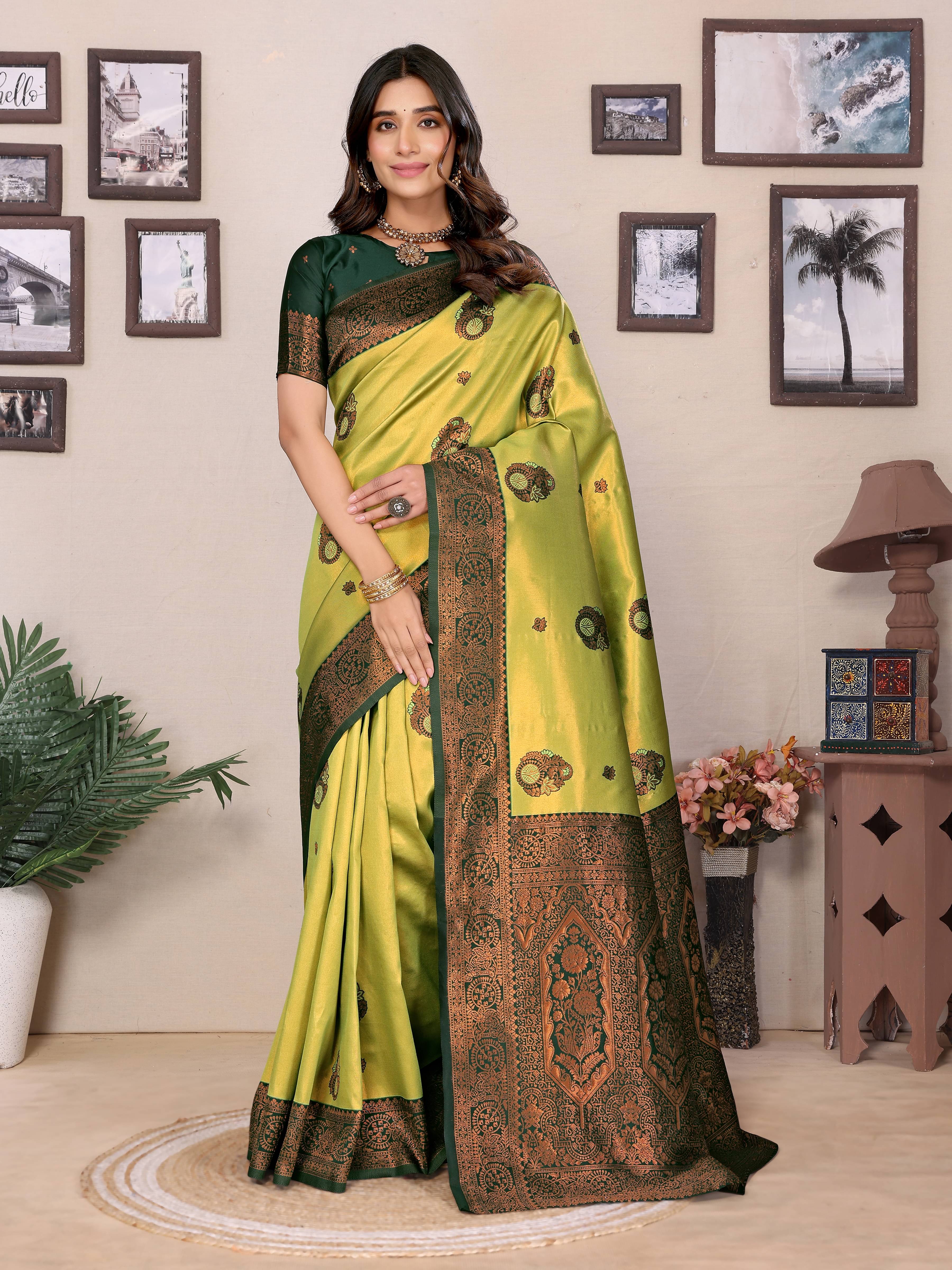 INDIAN SILKS Cotton Embroidered Banarasi saree With Unstitched Blouse Piece ( Lime Green1 )     			INDIAN SILKS Cotton Embroidered Banarasi saree With Unstitched Blouse Piece ( Lime Green1 )