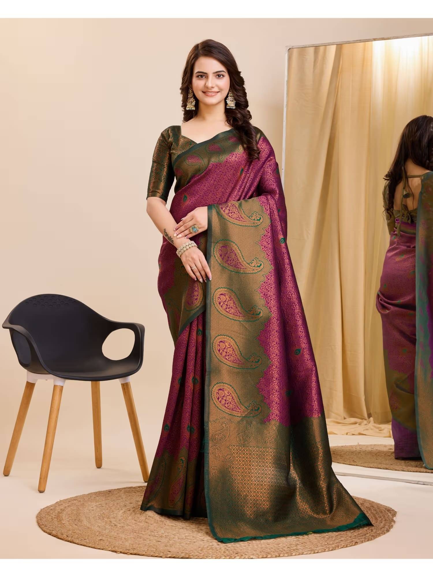 INDIAN SILKS Cotton Embroidered Banarasi saree With Unstitched Blouse Piece ( Wine ) INDIAN SILKS Cotton Embroidered Banarasi saree With Unstitched Blouse Piece ( Wine )