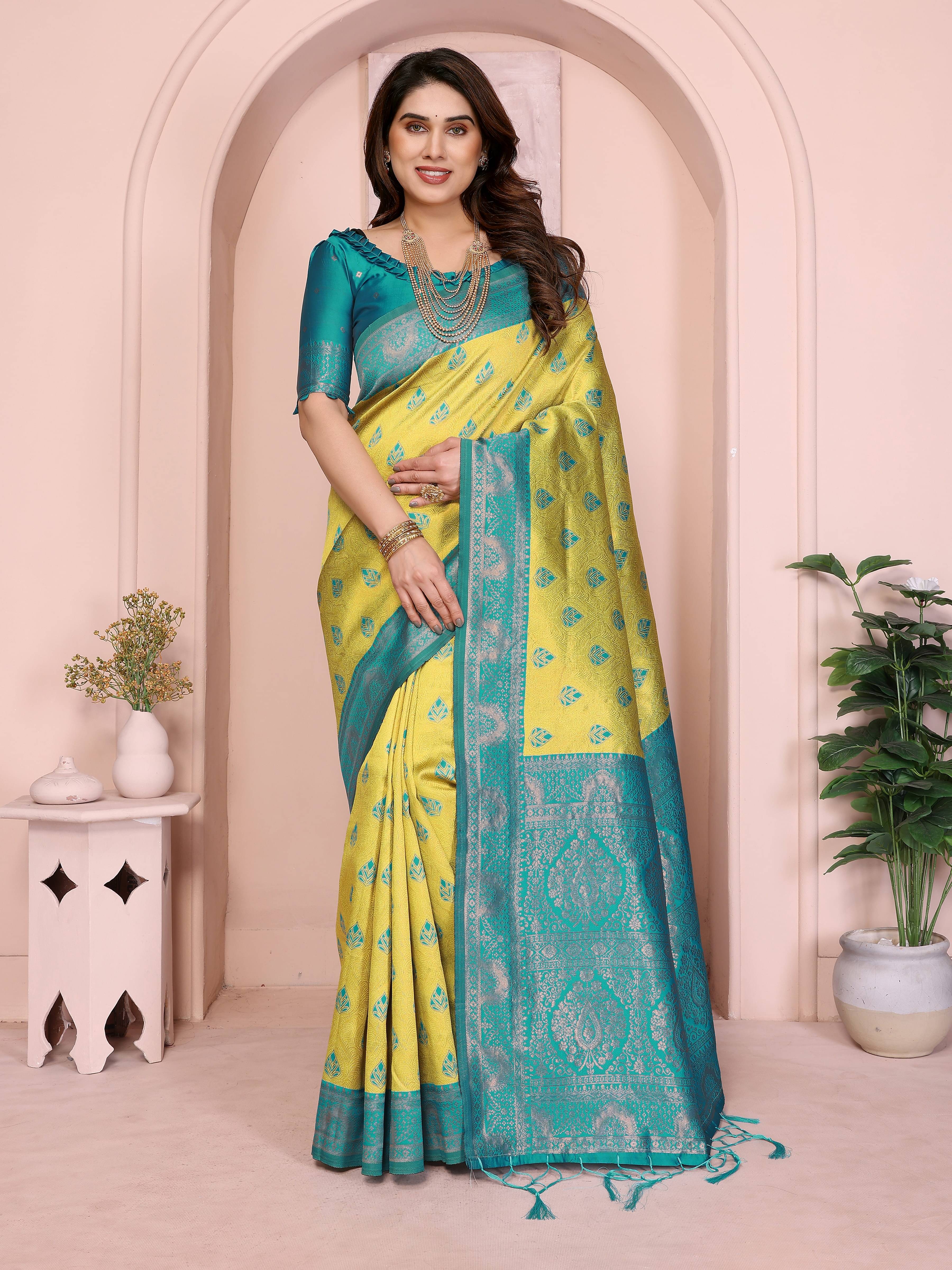     			INDIAN SILKS Cotton Embroidered Banarasi saree With Unstitched Blouse Piece ( Lime Green1 )