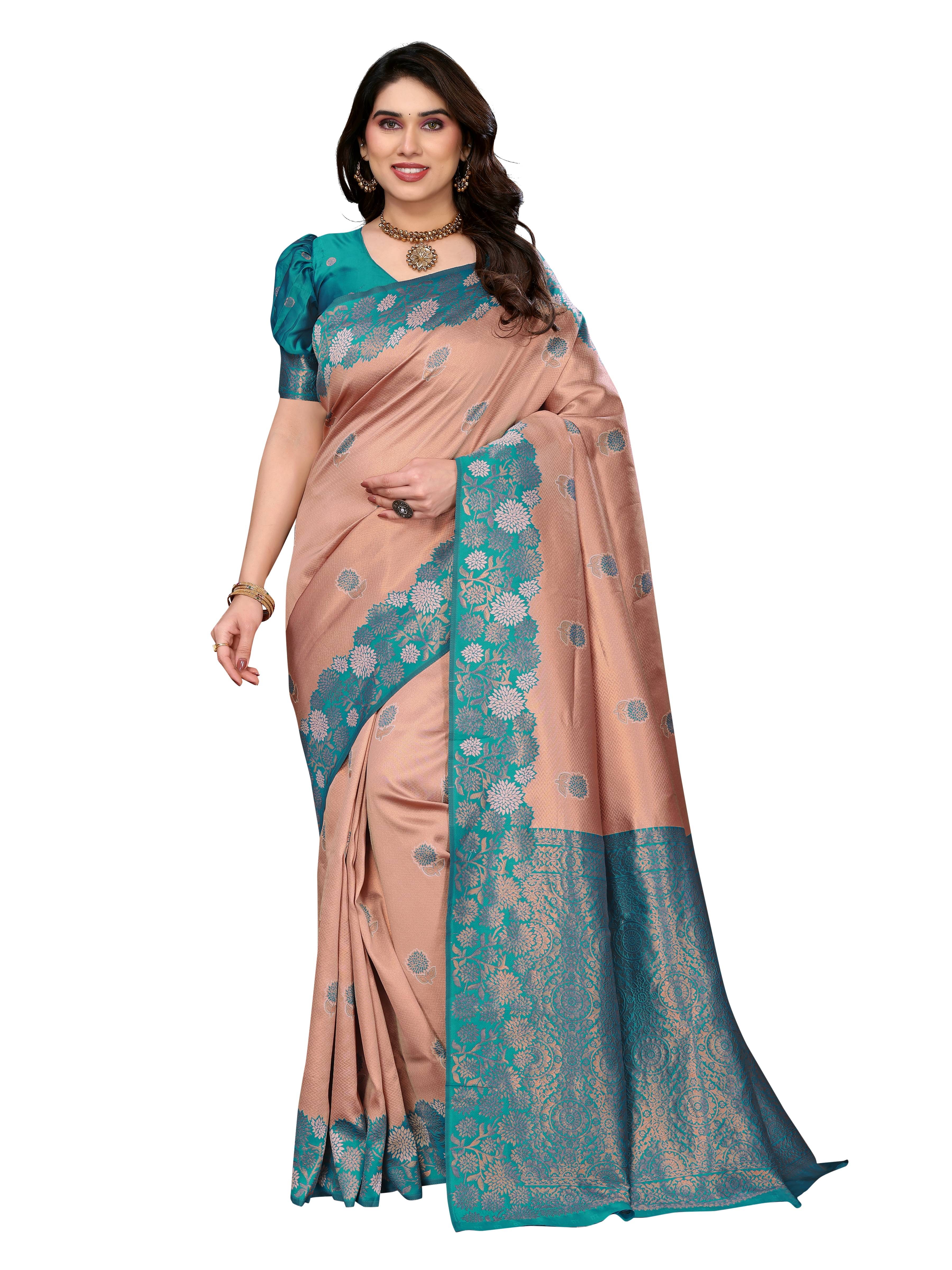 INDIAN SILKS Cotton Embroidered Banarasi saree With Unstitched Blouse Piece ( Rama ) INDIAN SILKS Cotton Embroidered Banarasi saree With Unstitched Blouse Piece ( Rama )