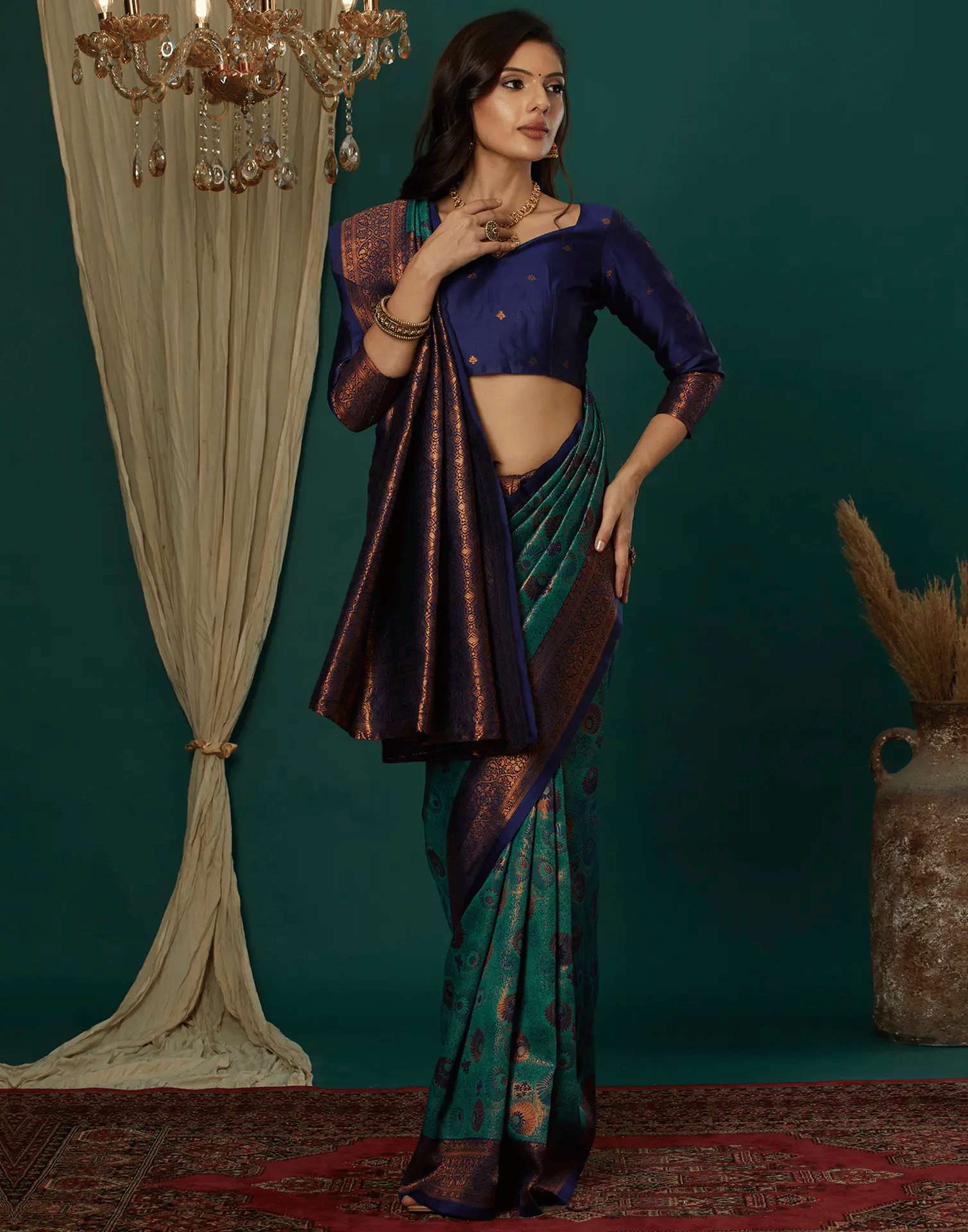 INDIAN SILKS Cotton Embroidered Banarasi saree With Unstitched Blouse Piece ( Navy Blue ) INDIAN SILKS Cotton Embroidered Banarasi saree With Unstitched Blouse Piece ( Navy Blue )