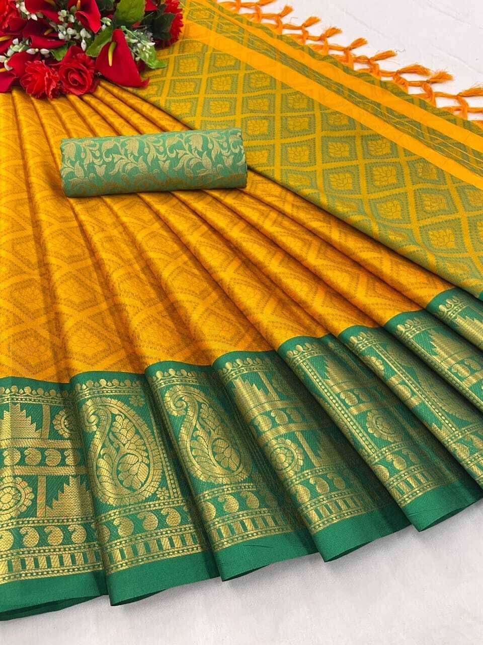 INDIAN SILKS Cotton Printed Regular Saree With Unstitched Blouse Piece ( Mustard )     			INDIAN SILKS Cotton Printed Regular Saree With Unstitched Blouse Piece ( Mustard )