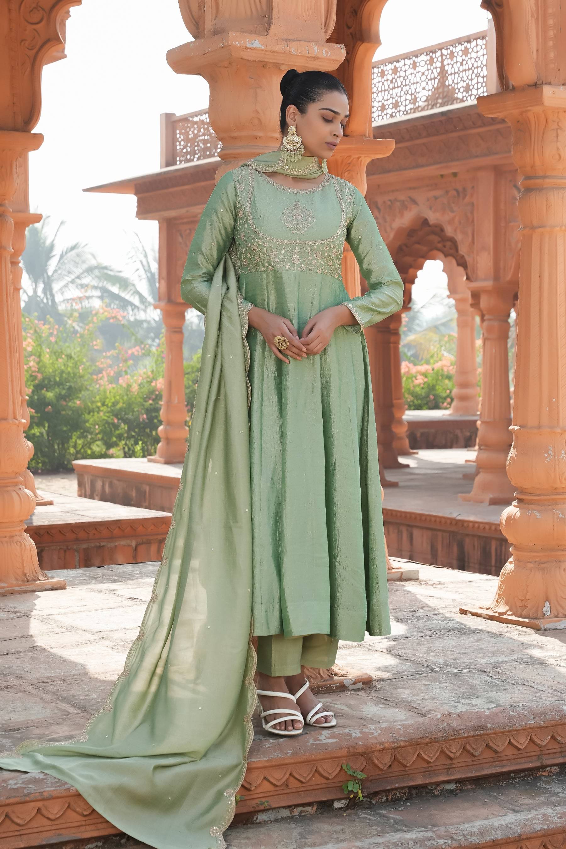 KOTRONS Women Silk Embroidered Anarkali Kurti With Pants ( Green ) KOTRONS Women Silk Embroidered Anarkali Kurti With Pants ( Green )