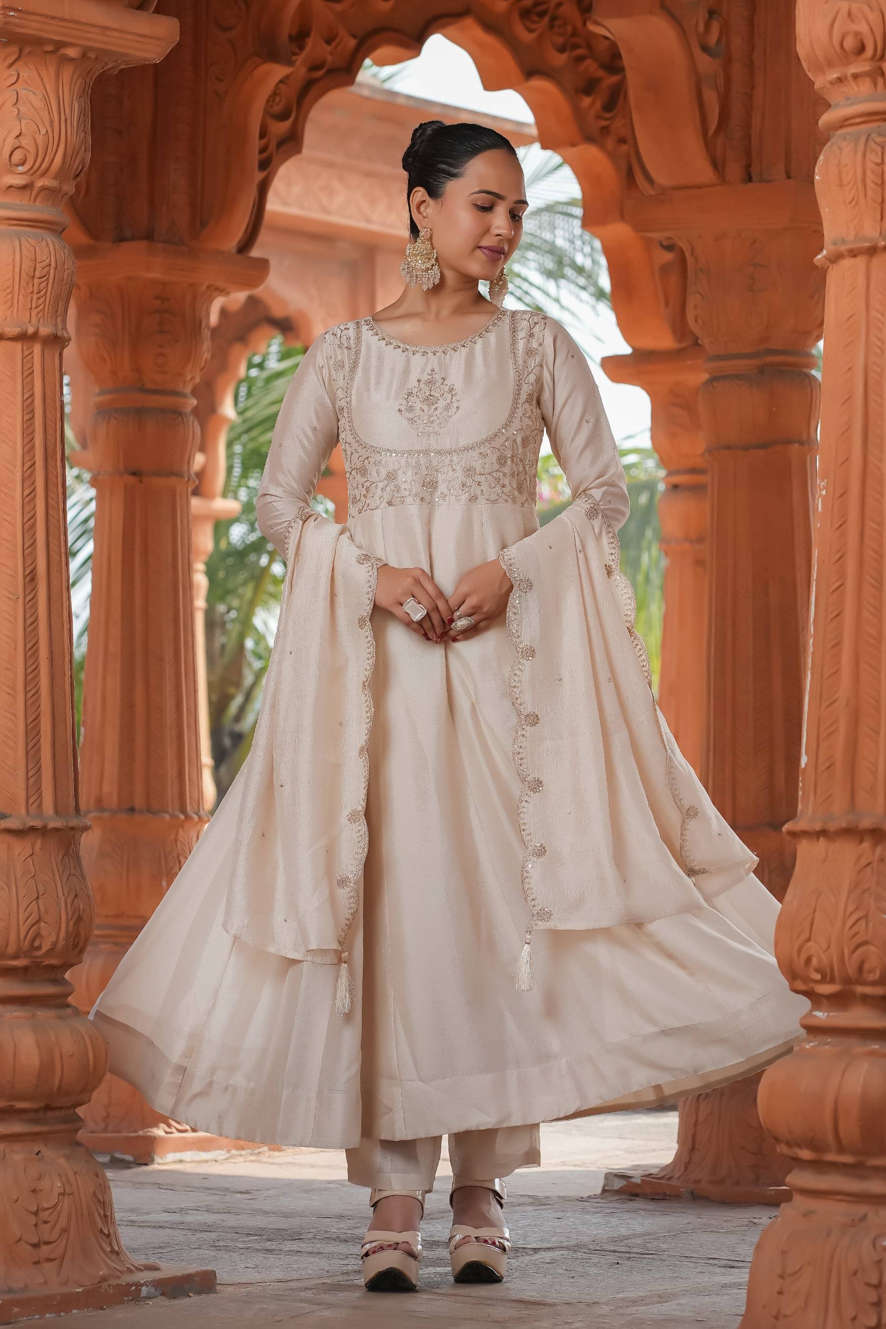 KOTRONS Women Silk Embroidered Anarkali Kurti With Pants ( Cream ) KOTRONS Women Silk Embroidered Anarkali Kurti With Pants ( Cream )