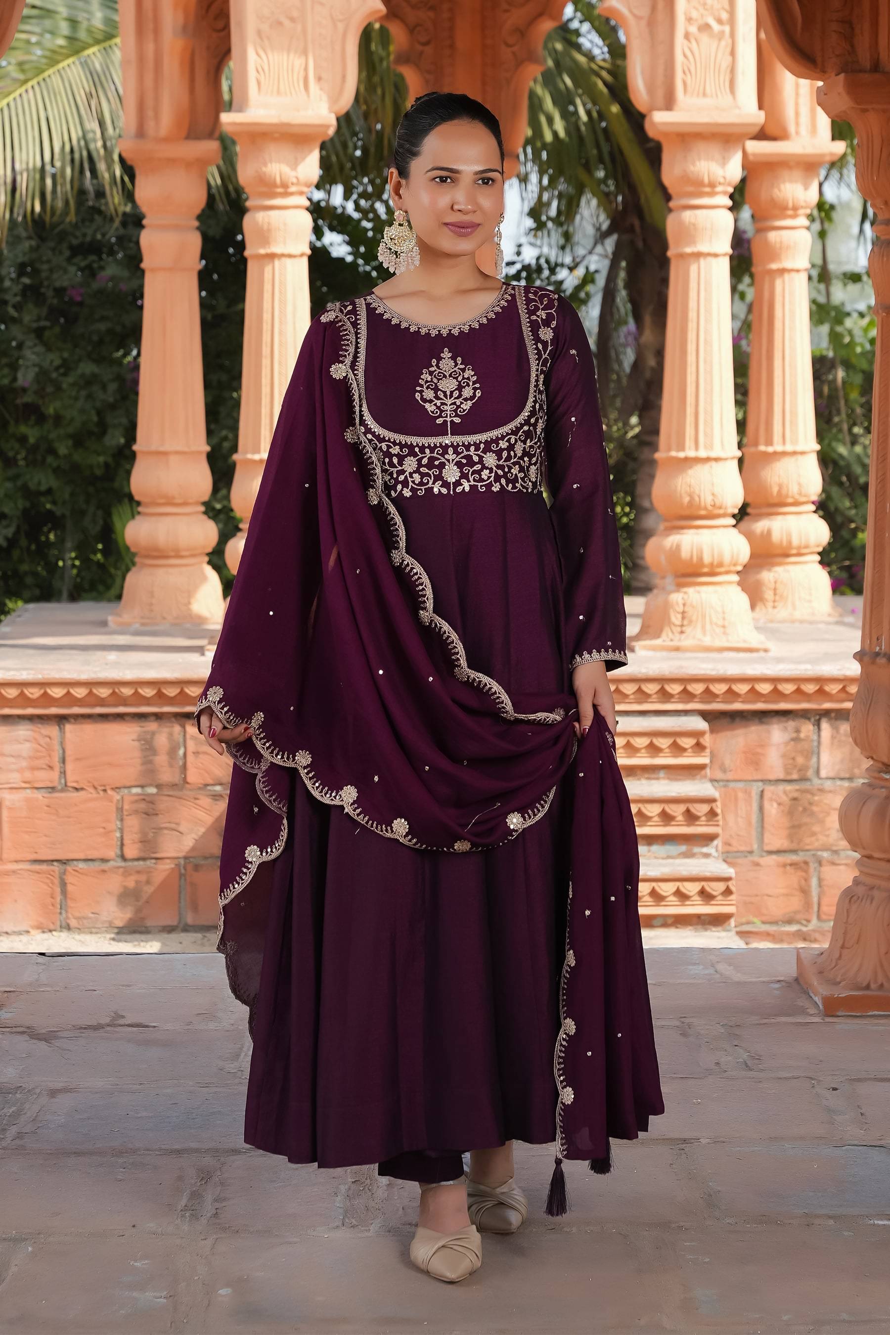 KOTRONS Women Silk Embroidered Anarkali Kurti With Pants ( Purple )     			KOTRONS Women Silk Embroidered Anarkali Kurti With Pants ( Purple )