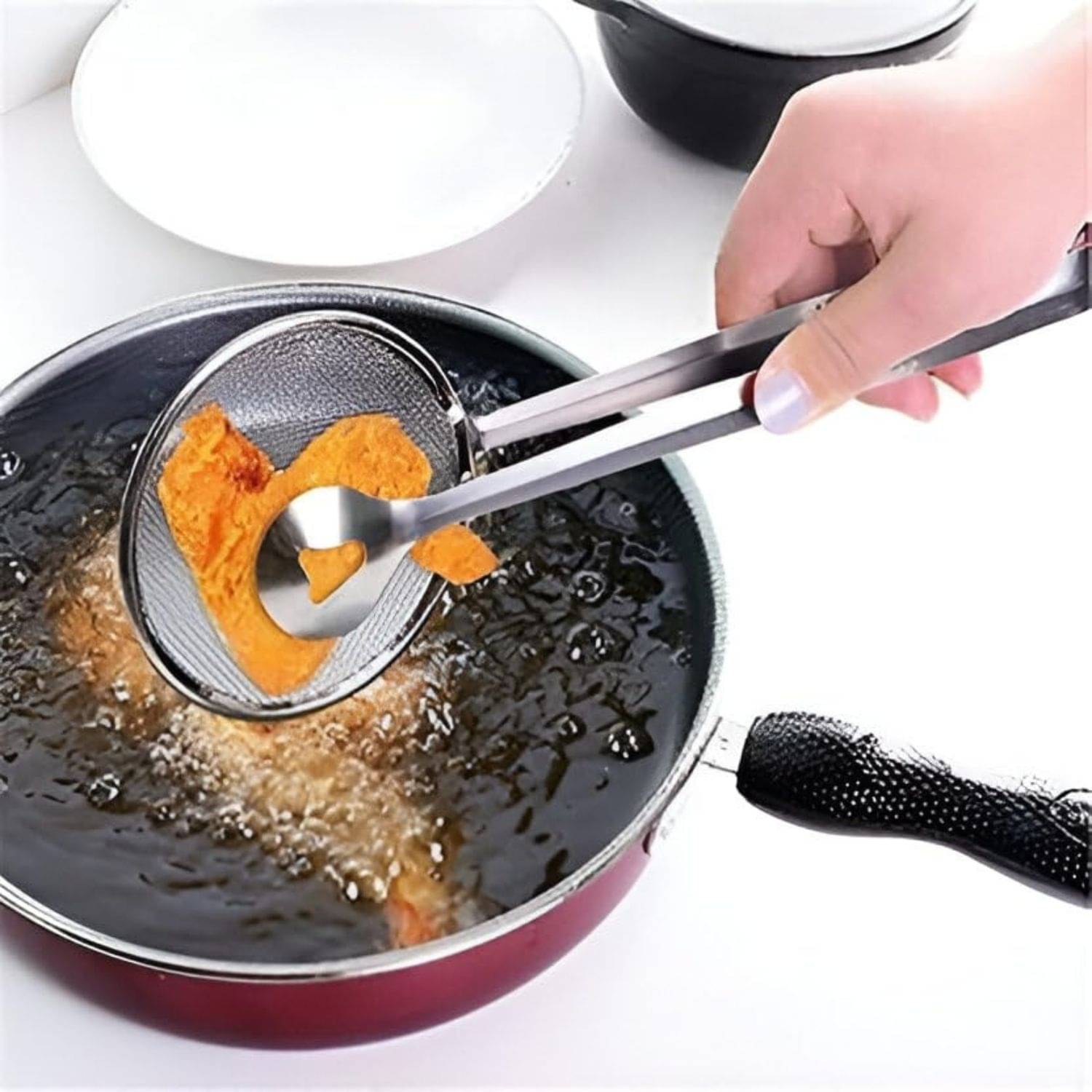 KRAMOX 2 in 1 Fry Tool Stainless Steel Filter Spoon with Clip Oil Strainer Tongs Mesh Colander for Deep Fry Cooking Frying Snacks Kitchen Utility Tool KRAMOX 2 in 1 Fry Tool Stainless Steel Filter Spoon with Clip Oil Strainer Tongs Mesh Colander for Deep Fry Cooking Frying Snacks Kitchen Utility Tool
