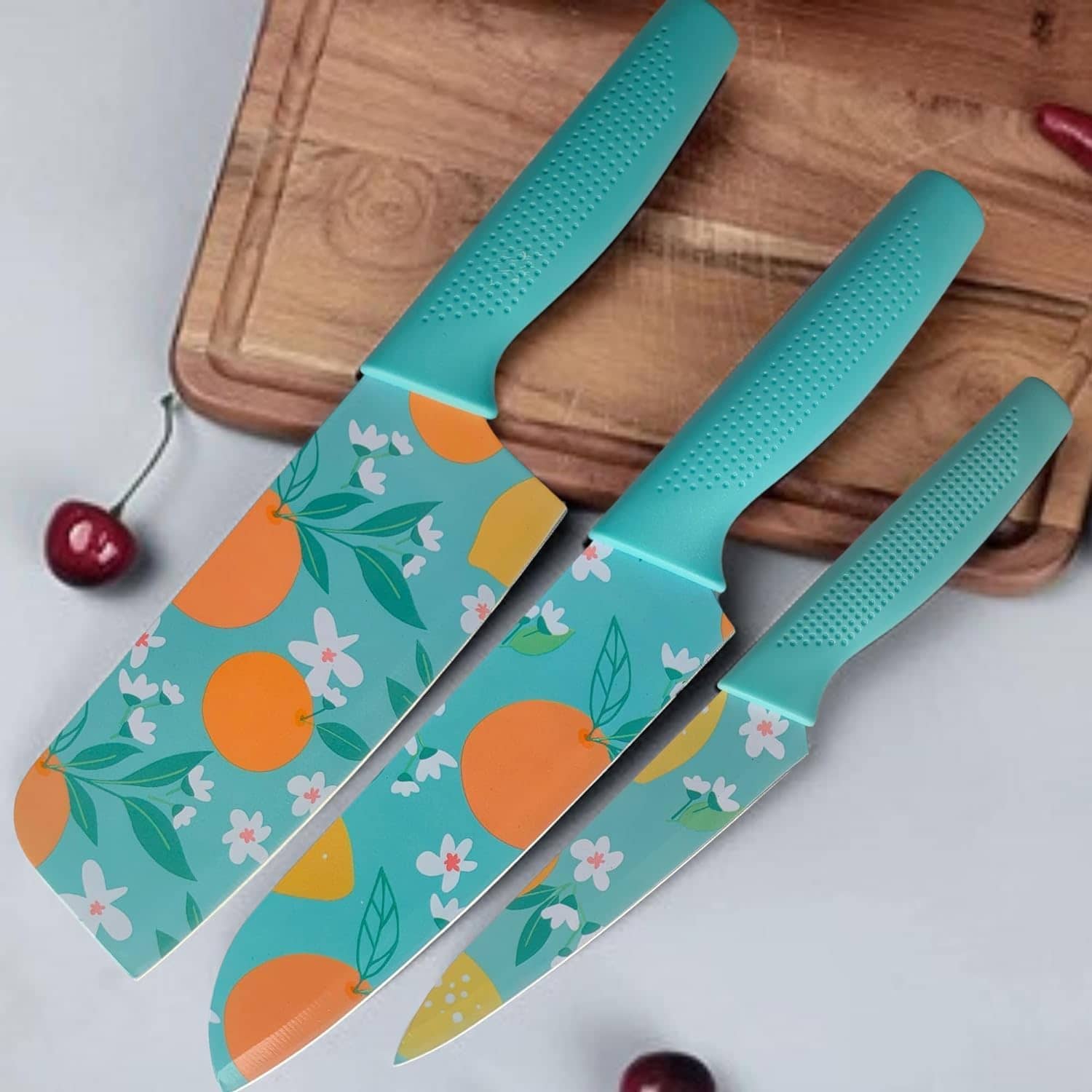 KRAMOX Kitchen Knife for Cooking, Cutting, Slicing, Kitchen Knives Set, Stainless Steel 3 Pieces Professional Knife Set with Color Coating and Non-Slip Handle Chef Knife Set (Sky Blue)
