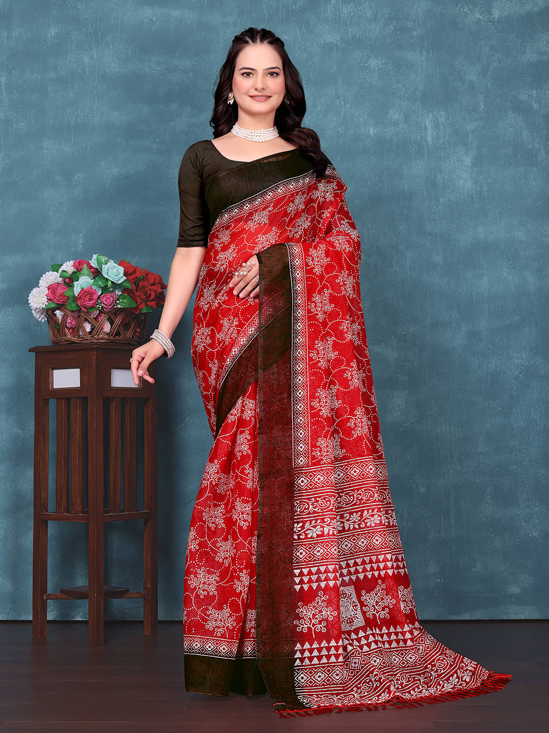 Kanooda Prints Cotton Blend Embroidered Regular Saree With Unstitched Blouse Piece ( Red ) Kanooda Prints Cotton Blend Embroidered Regular Saree With Unstitched Blouse Piece ( Red )