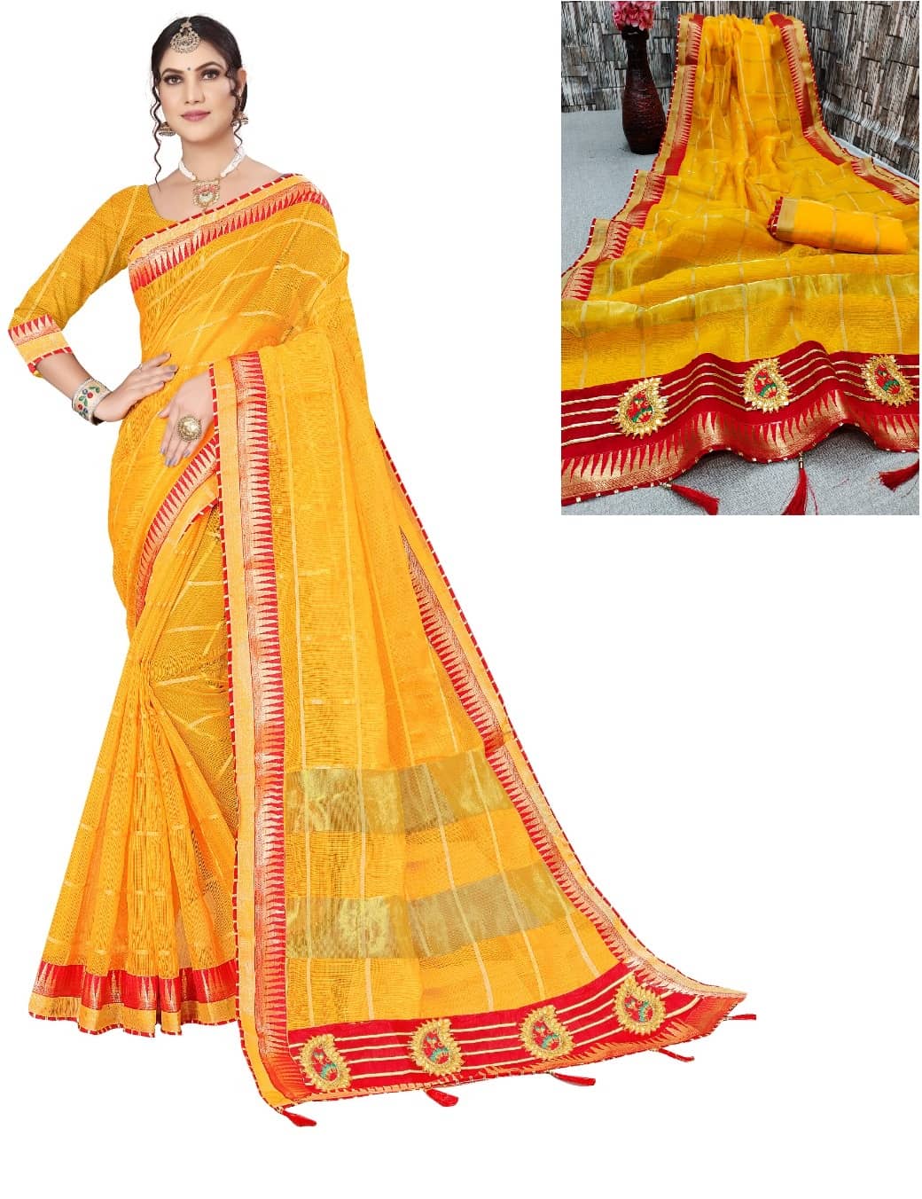 Kanooda Prints Cotton Silk Embroidered Regular Saree With Unstitched Blouse Piece ( Multicolor 2 ) - Sarees | Buy online on ZillyBuy