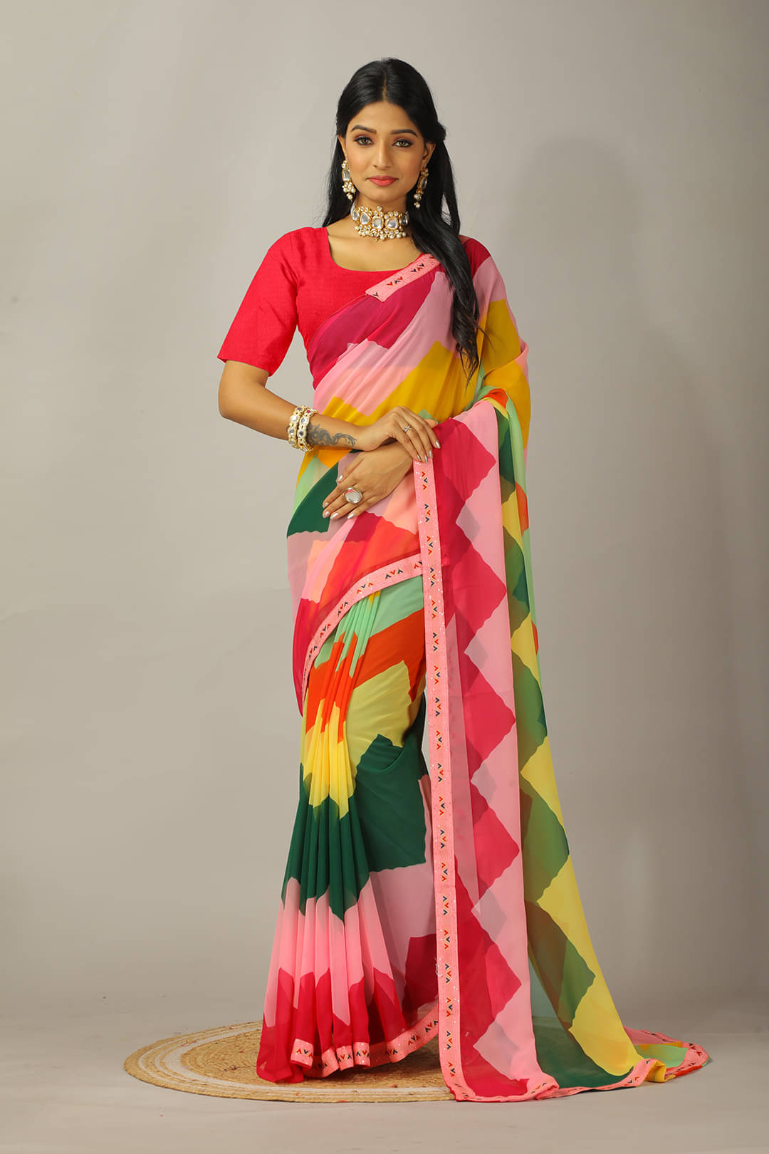 Kanooda Prints Georgette Embroidered Regular Saree With Unstitched Blouse Piece ( Rani ) Kanooda Prints Georgette Embroidered Regular Saree With Unstitched Blouse Piece ( Rani )