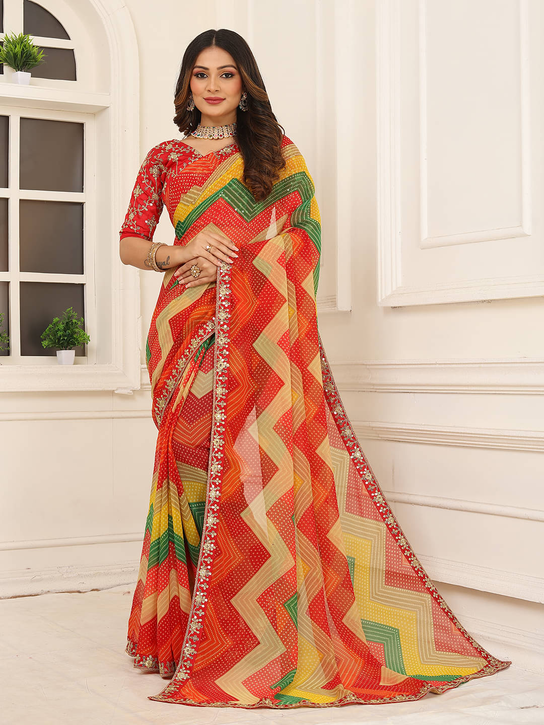     			Kanooda Prints Georgette Embroidered Regular Saree With Unstitched Blouse Piece ( Red )