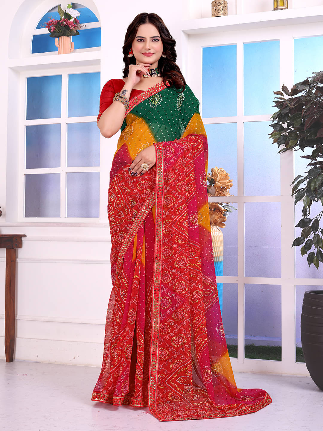 Kanooda Prints Georgette Printed Regular Saree With Unstitched Blouse Piece ( Red ) Kanooda Prints Georgette Printed Regular Saree With Unstitched Blouse Piece ( Red )