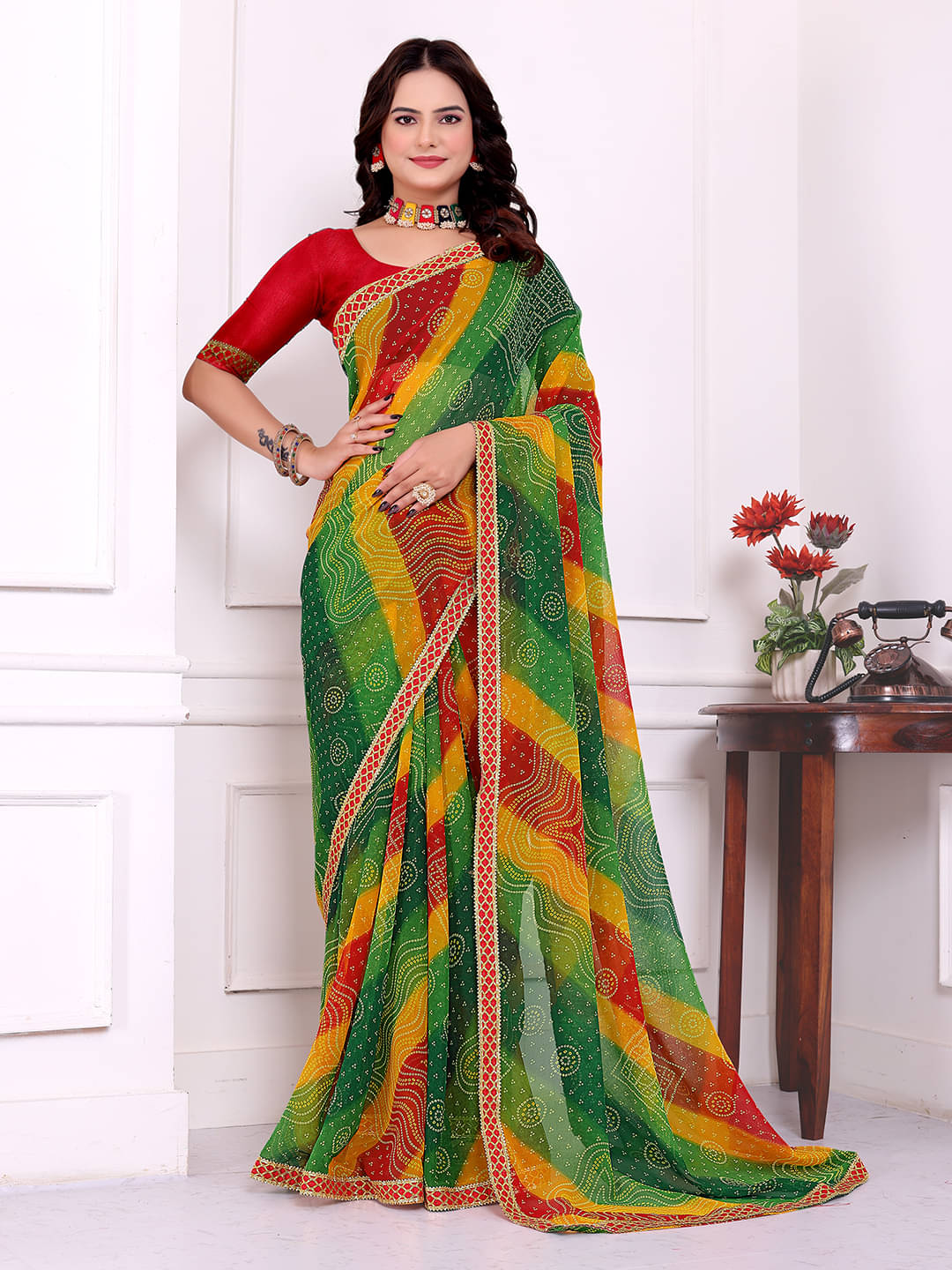 Kanooda Prints Georgette Printed Regular Saree With Unstitched Blouse Piece ( Green ) Kanooda Prints Georgette Printed Regular Saree With Unstitched Blouse Piece ( Green )