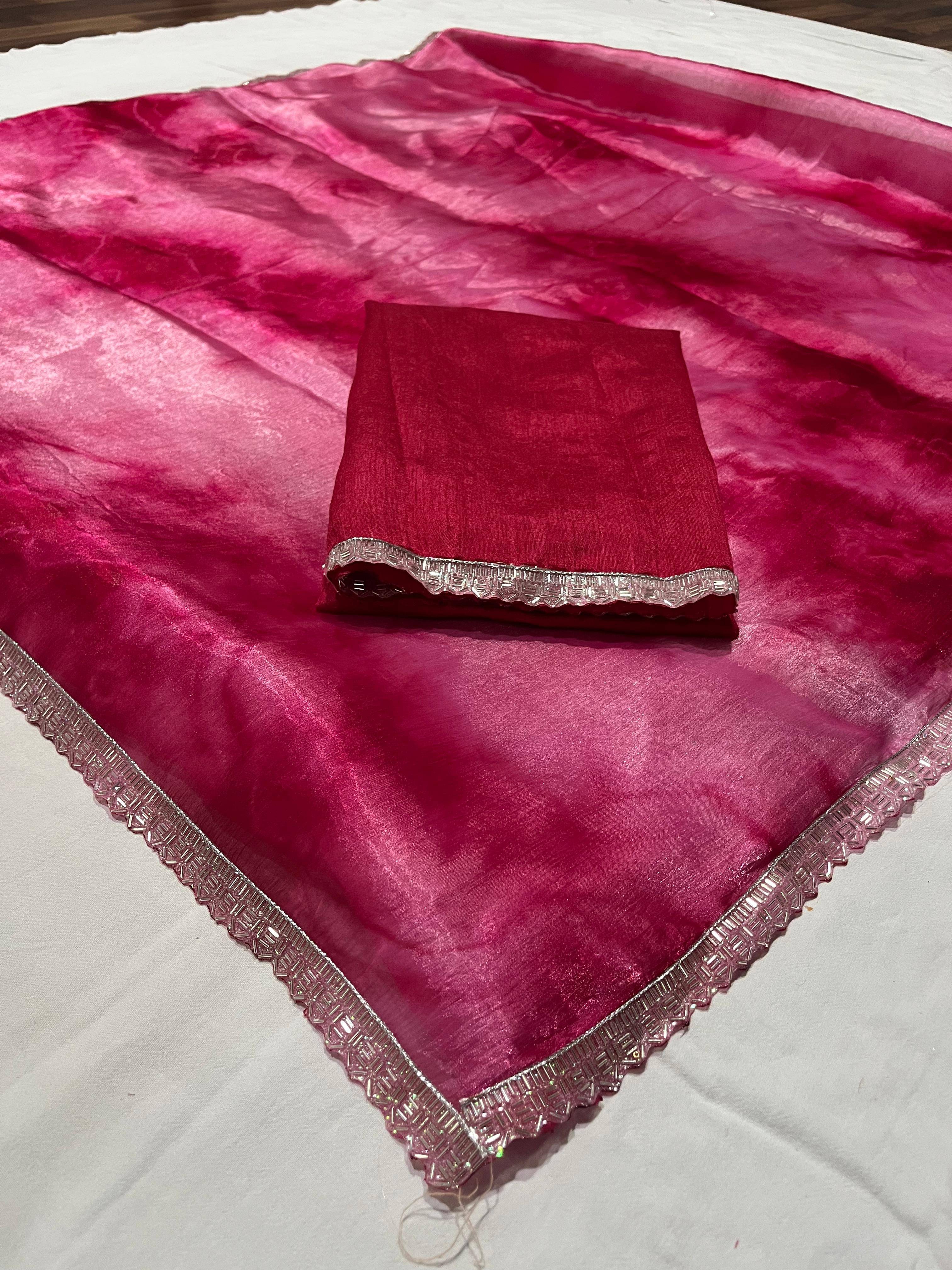Kanooda Prints Organza Embroidered Regular Saree With Unstitched Blouse Piece ( Rani )     			Kanooda Prints Organza Embroidered Regular Saree With Unstitched Blouse Piece ( Rani )