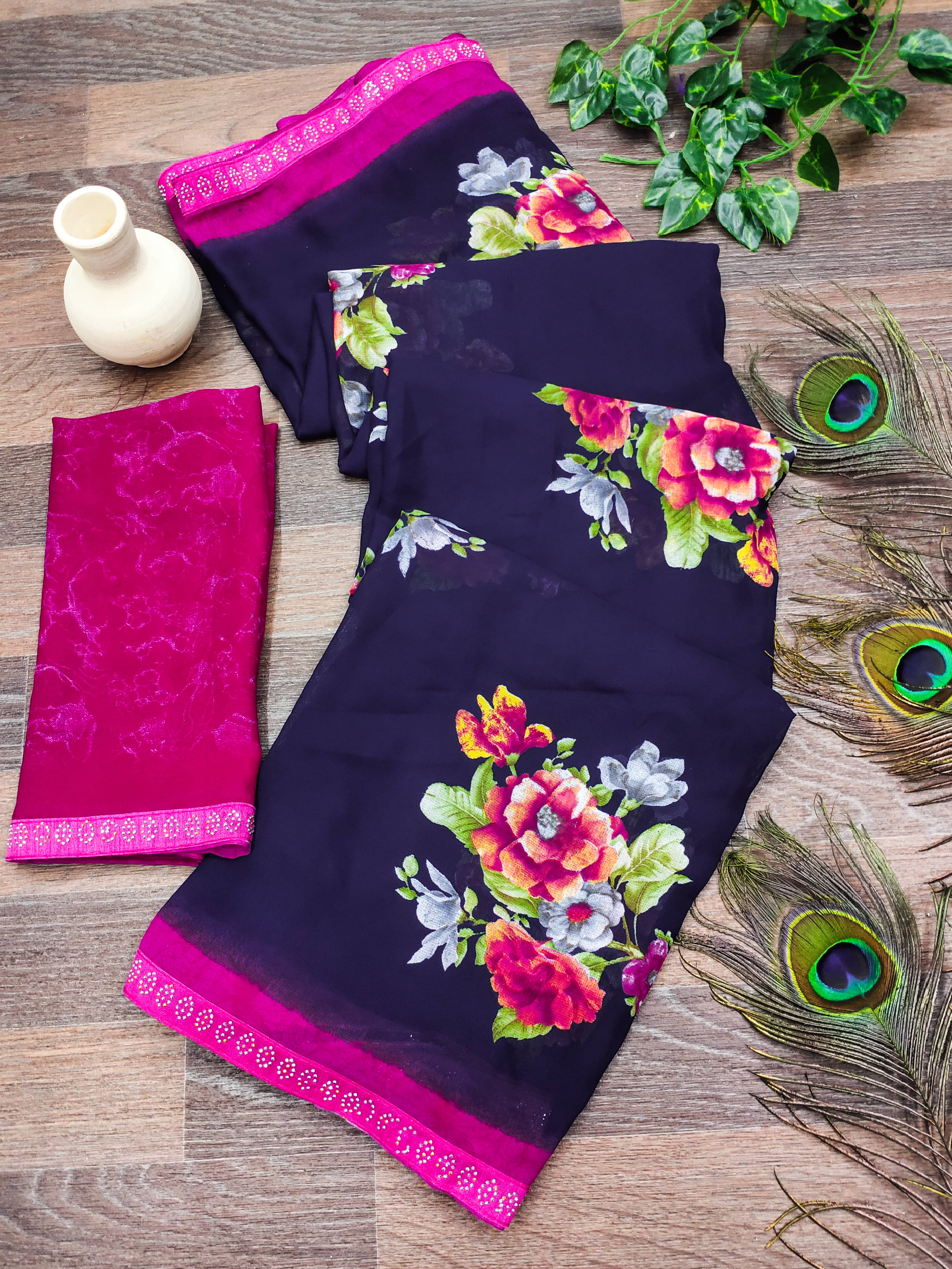     			Kashvi Sarees Georgette Embellished Chanderi saree With Unstitched Blouse Piece ( Blue )