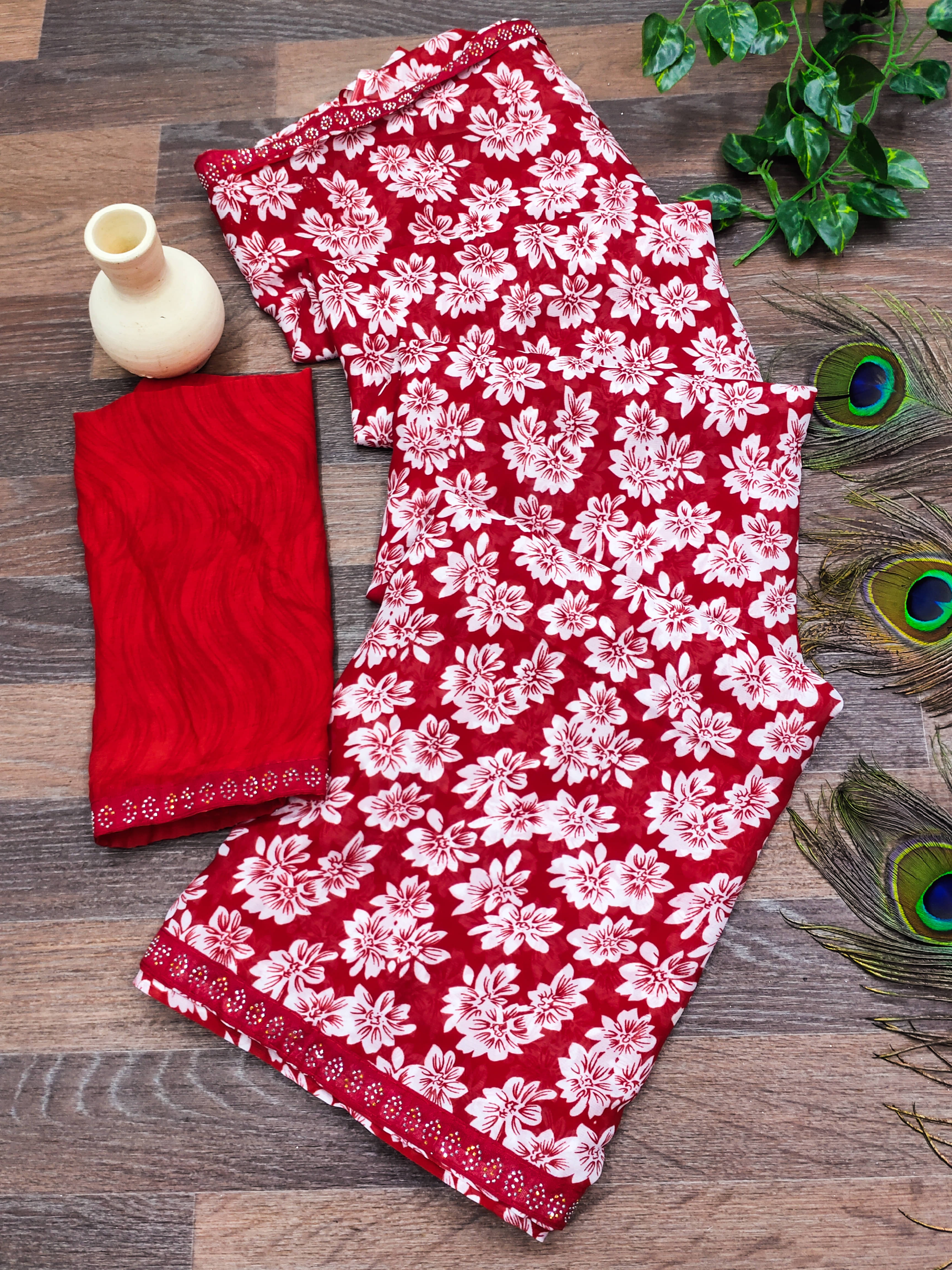 Kashvi Sarees Georgette Embellished Chanderi saree With Unstitched Blouse Piece ( Red ) Kashvi Sarees Georgette Embellished Chanderi saree With Unstitched Blouse Piece ( Red )