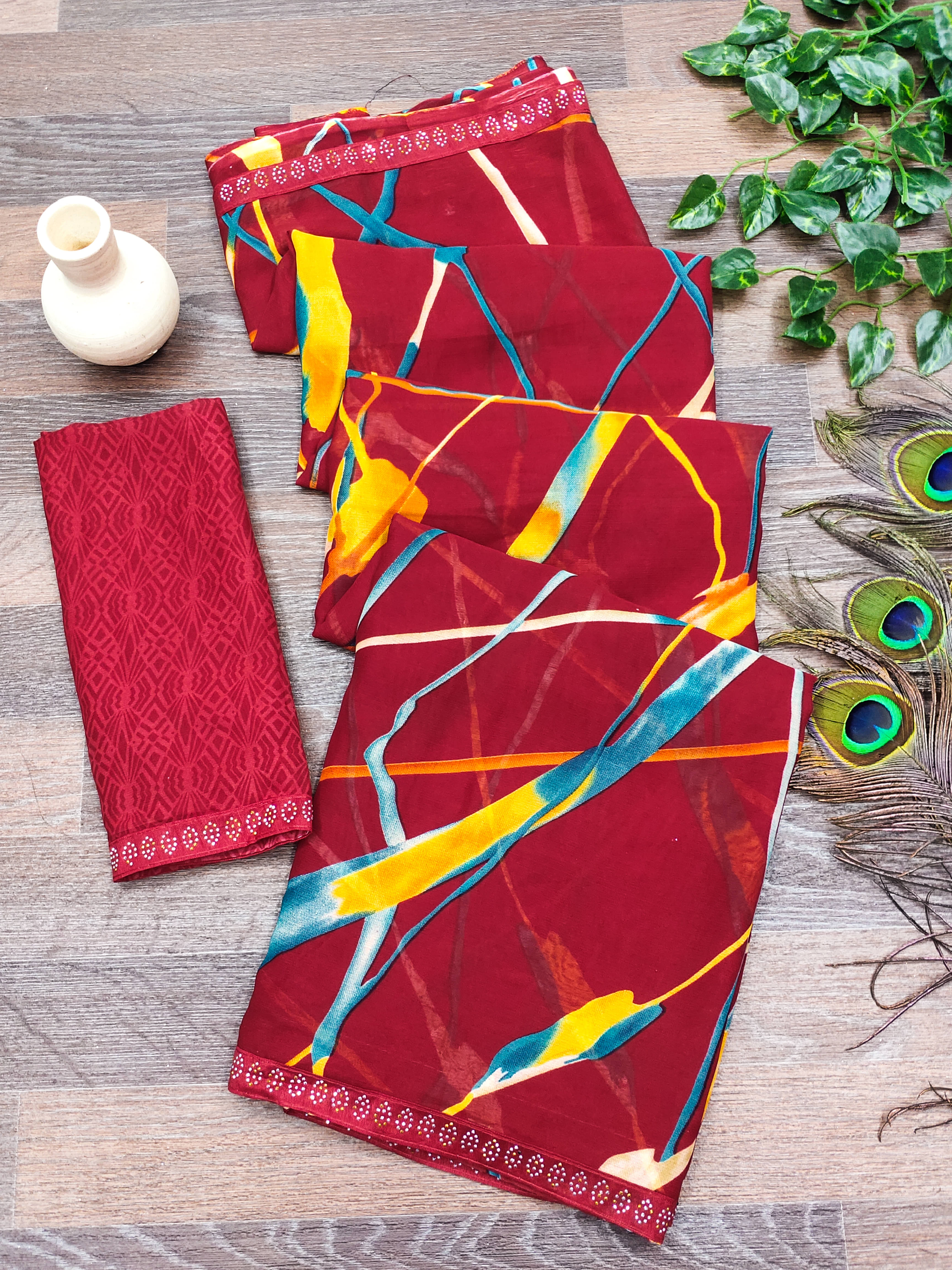 Kashvi Sarees Georgette Embellished Leheriya Saree With Unstitched Blouse Piece ( Red ) Kashvi Sarees Georgette Embellished Leheriya Saree With Unstitched Blouse Piece ( Red )