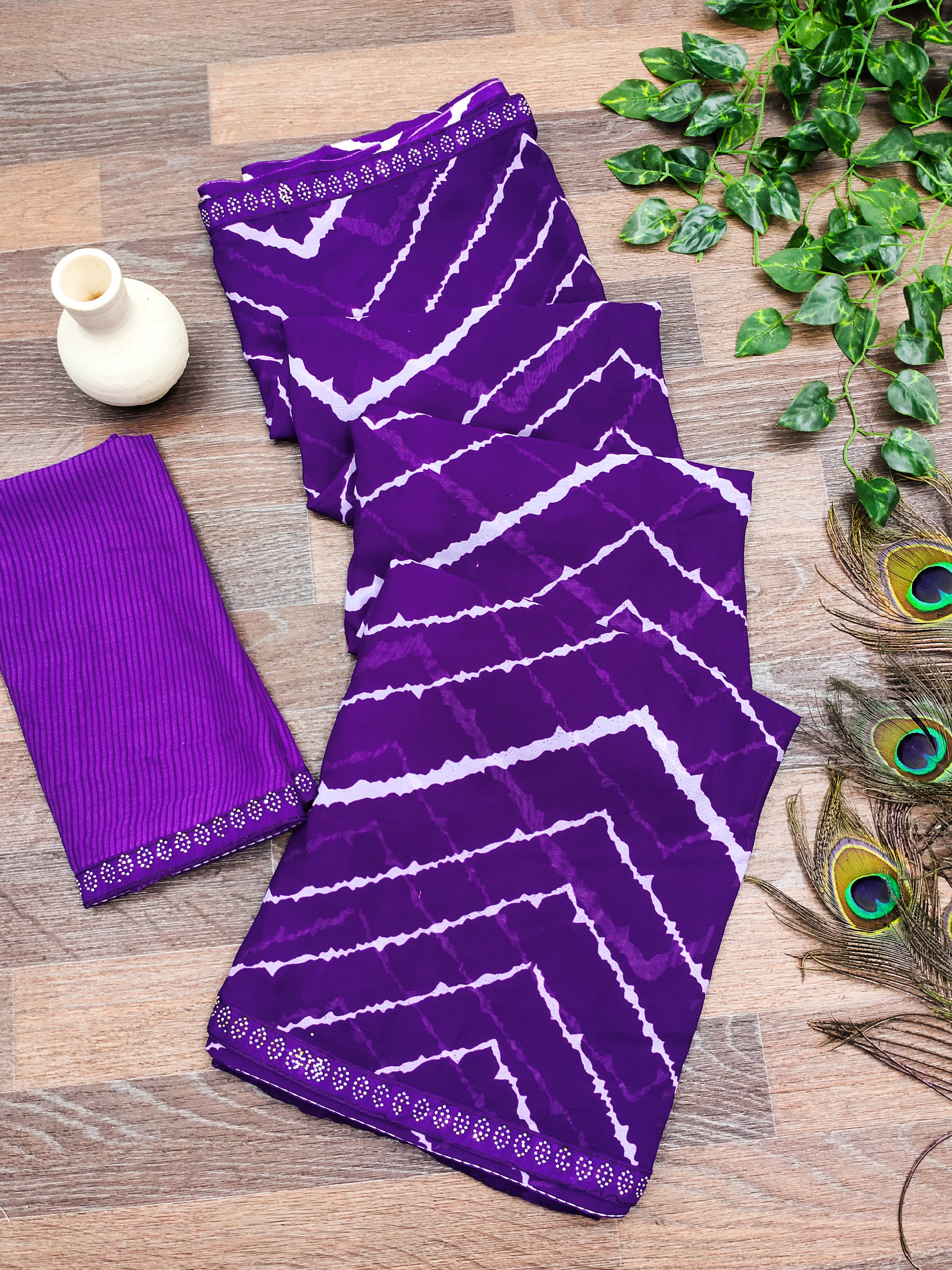     			Kashvi Sarees Georgette Embellished Leheriya Saree With Unstitched Blouse Piece ( Purple )