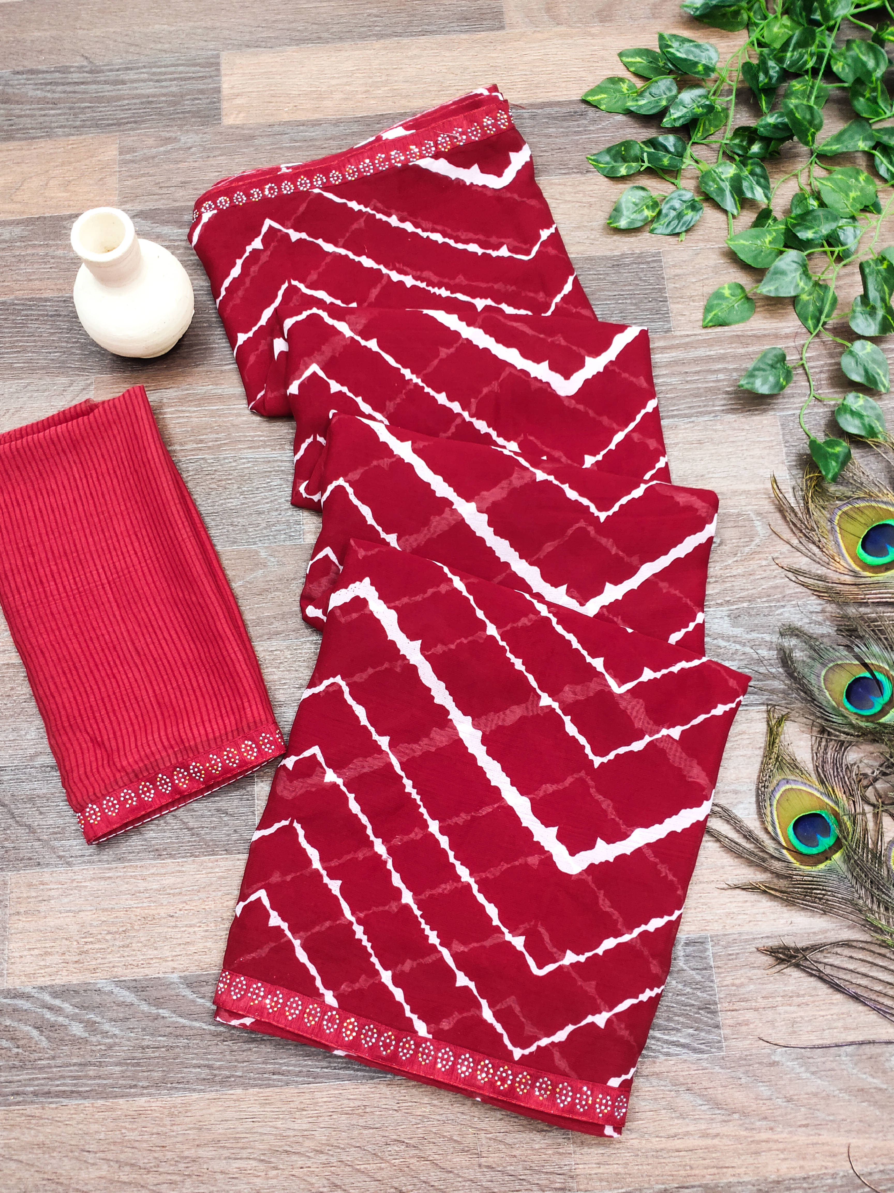 Kashvi Sarees Georgette Embellished Leheriya Saree With Unstitched Blouse Piece ( Red ) Kashvi Sarees Georgette Embellished Leheriya Saree With Unstitched Blouse Piece ( Red )