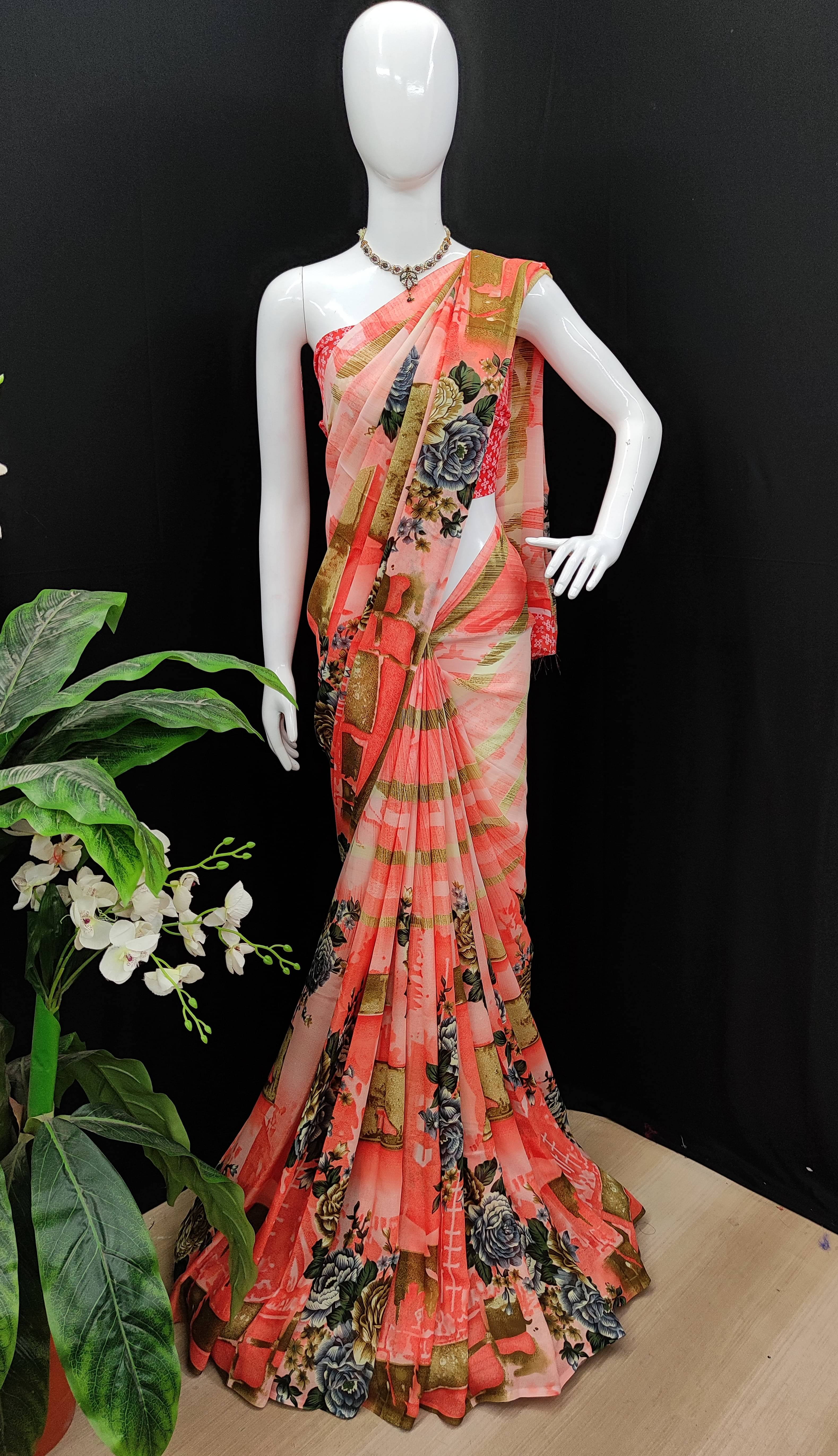 Kashvi Sarees Georgette Printed Chanderi saree With Unstitched Blouse Piece ( Orange ) Kashvi Sarees Georgette Printed Chanderi saree With Unstitched Blouse Piece ( Orange )