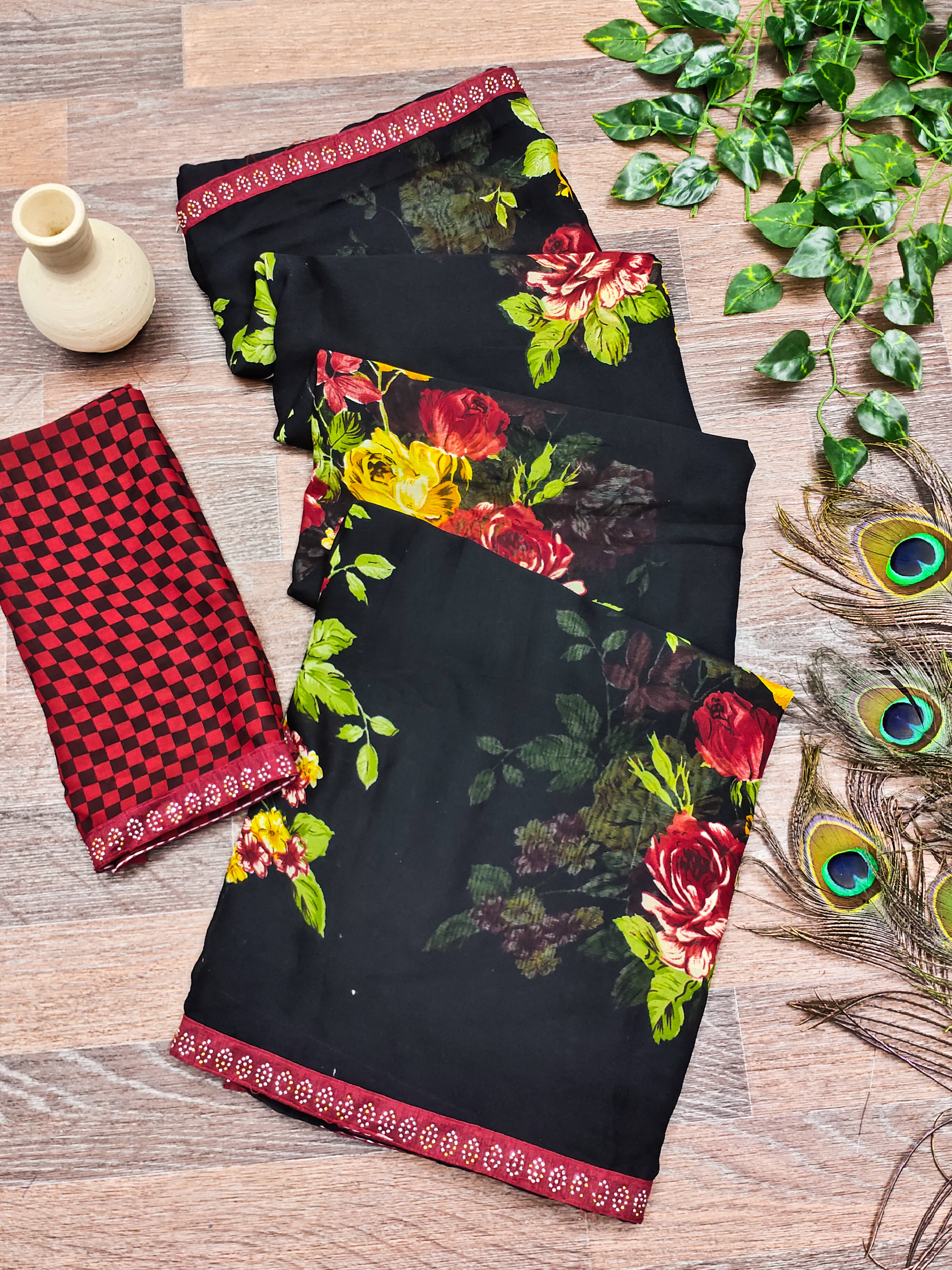     			Kashvi Sarees Georgette Printed Chanderi saree With Unstitched Blouse Piece ( Black )